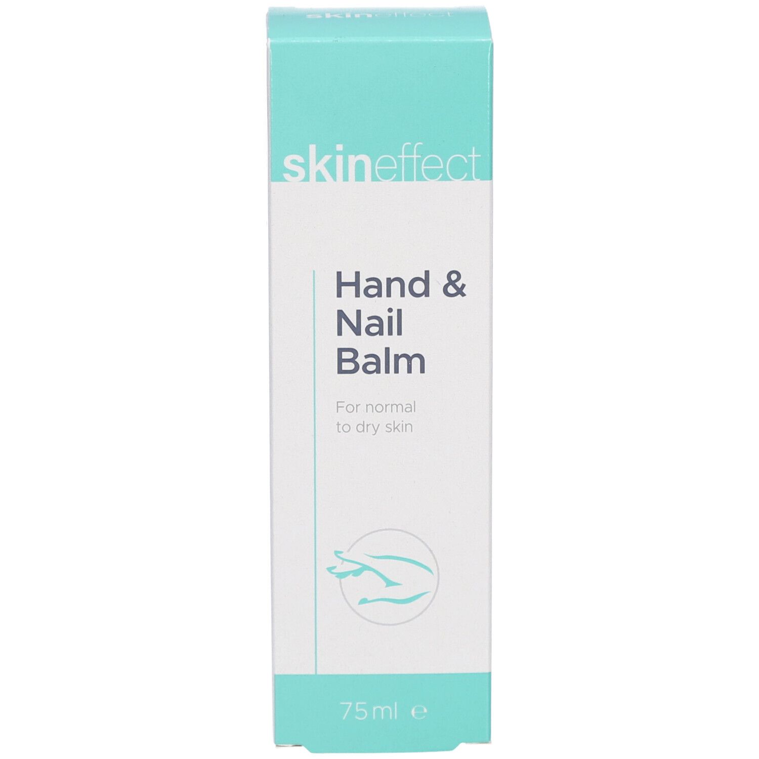 Turquoise en witte doos. Opschrift: skin effect, Hand & Nail Balm. Voor normale tot droge huid. 75ml.