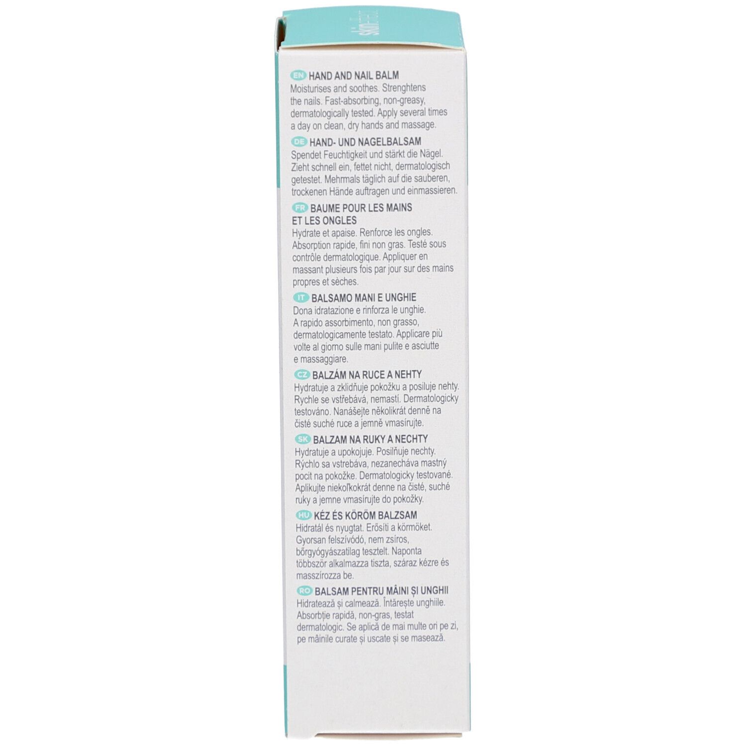 Achterkant van de doos. Tekst in meerdere talen. Productbeschrijving.