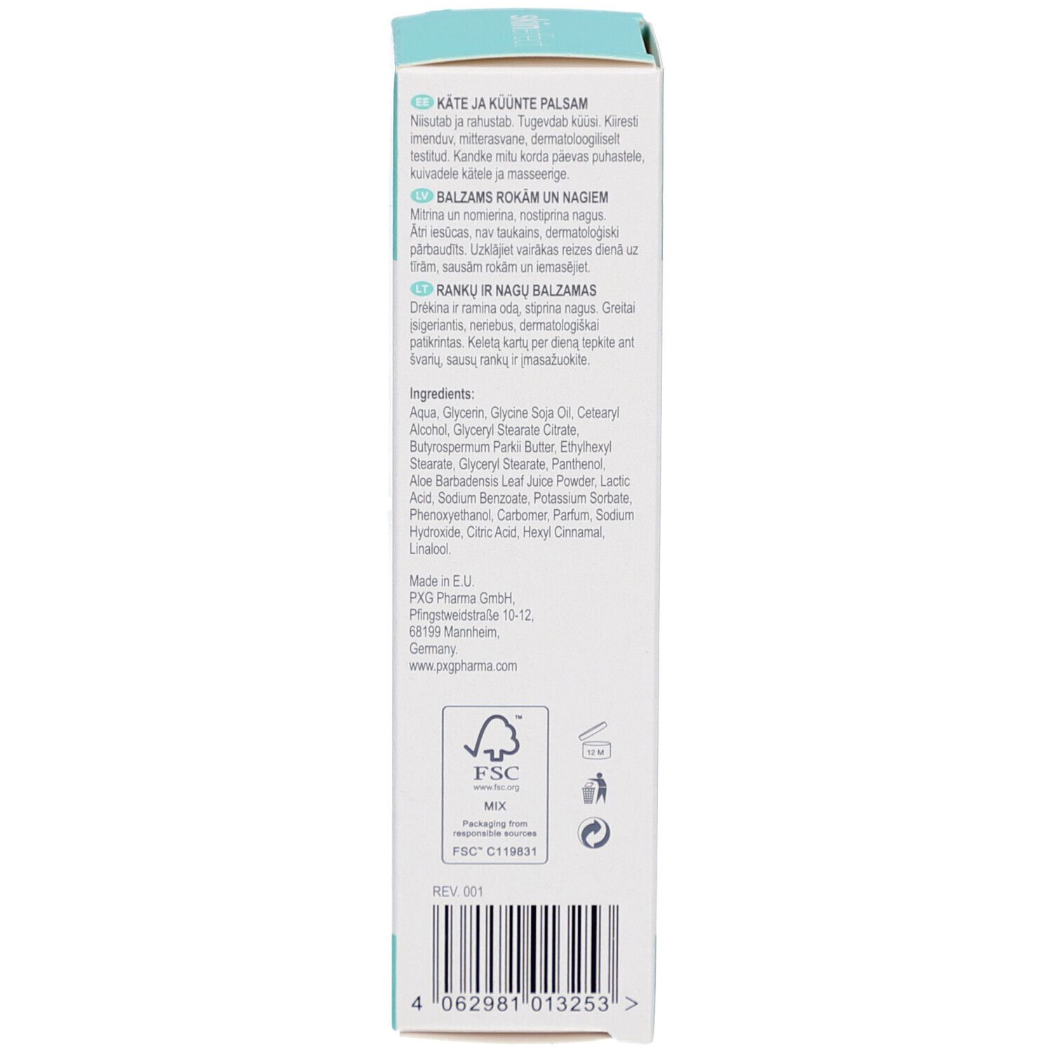 Achterkant van de doos. Tekst in meerdere talen. Ingrediënten, fabrikantinfo en logo's.