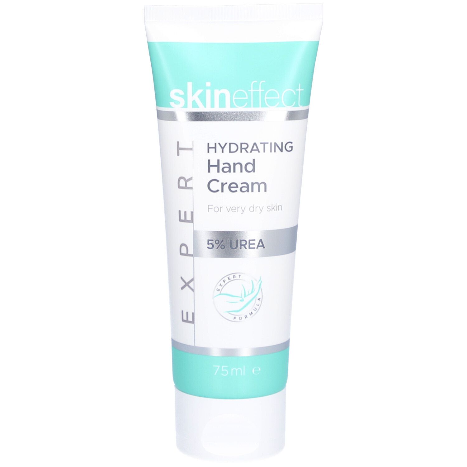 Crèmetube met skin effect, Hydrating Hand Cream, 5% Urea. Groen-wit design. 75 ml.