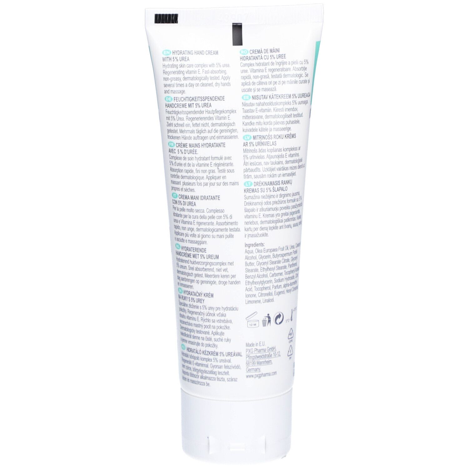 Achterkant van de crèmetube. Tekst in meerdere talen. Ingrediënten en fabrikantinfo.