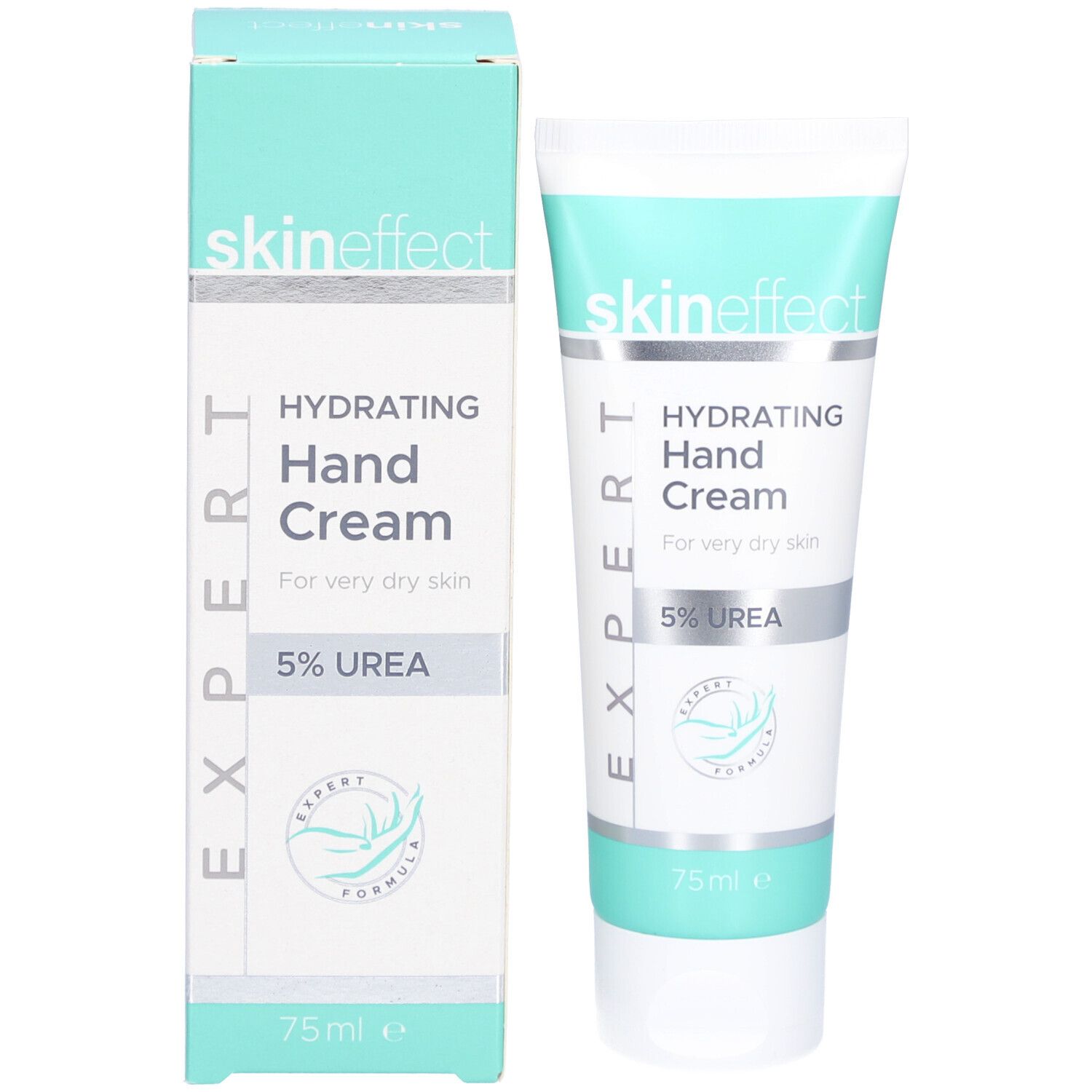 Crèmetube en doosje. Opschrift skin effect, Hydrating Hand Cream, 5% Urea. Groen-wit design.