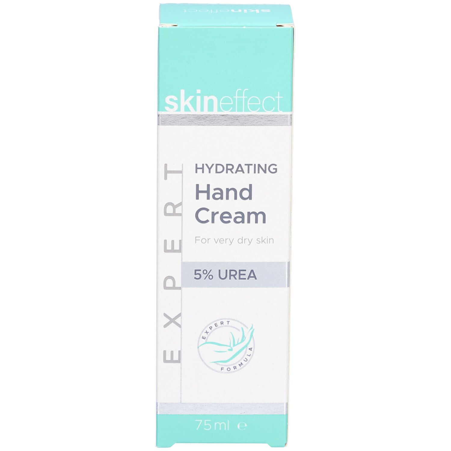 Doosje met skin effect, Hydrating Hand Cream, 5% Urea. Groen-wit design. 75 ml.