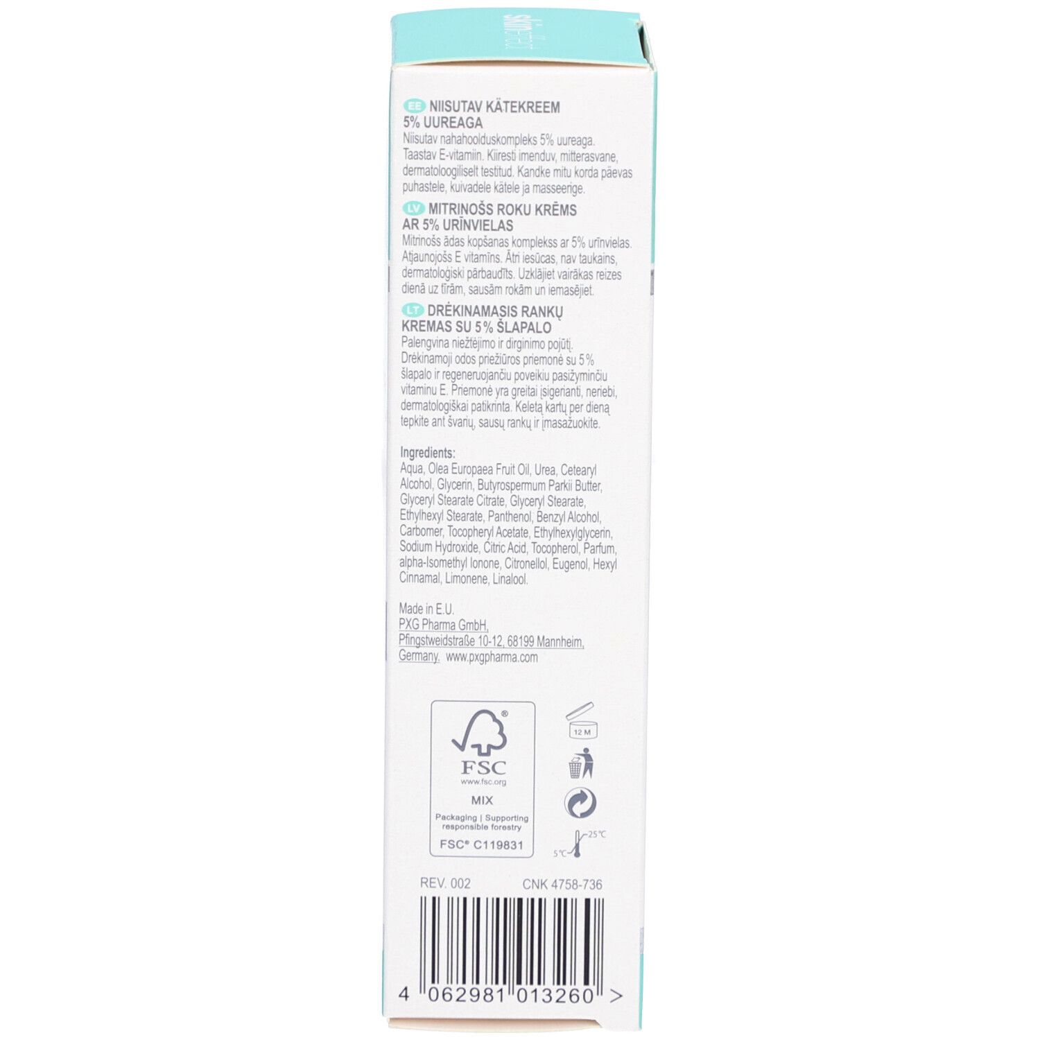 Achterkant van het doosje. Tekst in meerdere talen. Ingrediënten en fabrikantinfo.