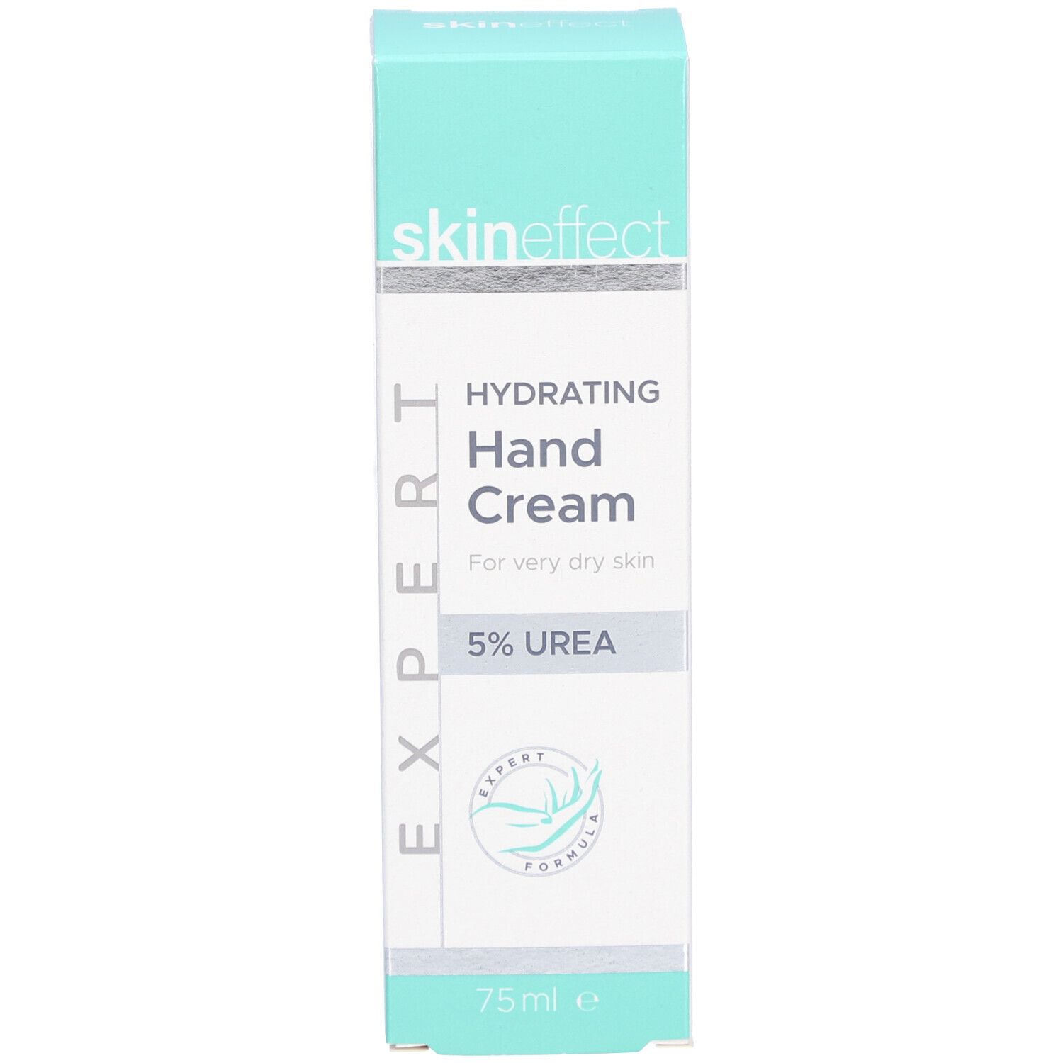 Doosje met skin effect, Hydrating Hand Cream, 5% Urea. Groen-wit design. 75 ml.