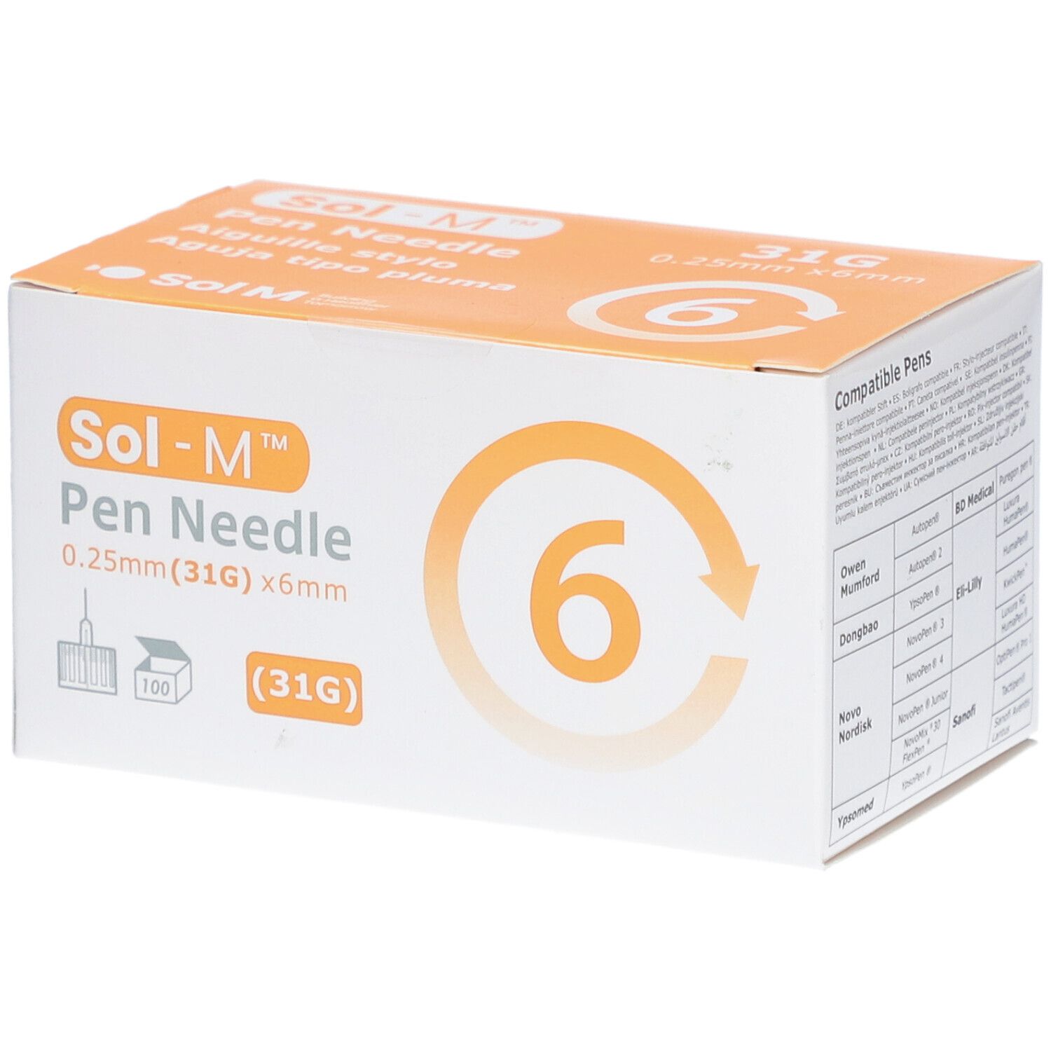 Verpakking Sol-M Pen Needle. Bevat 6 naalden, 0,25 mm x 6 mm. Opschriften: 31G, Sol-M logo, productnaam, compatibele pennen.