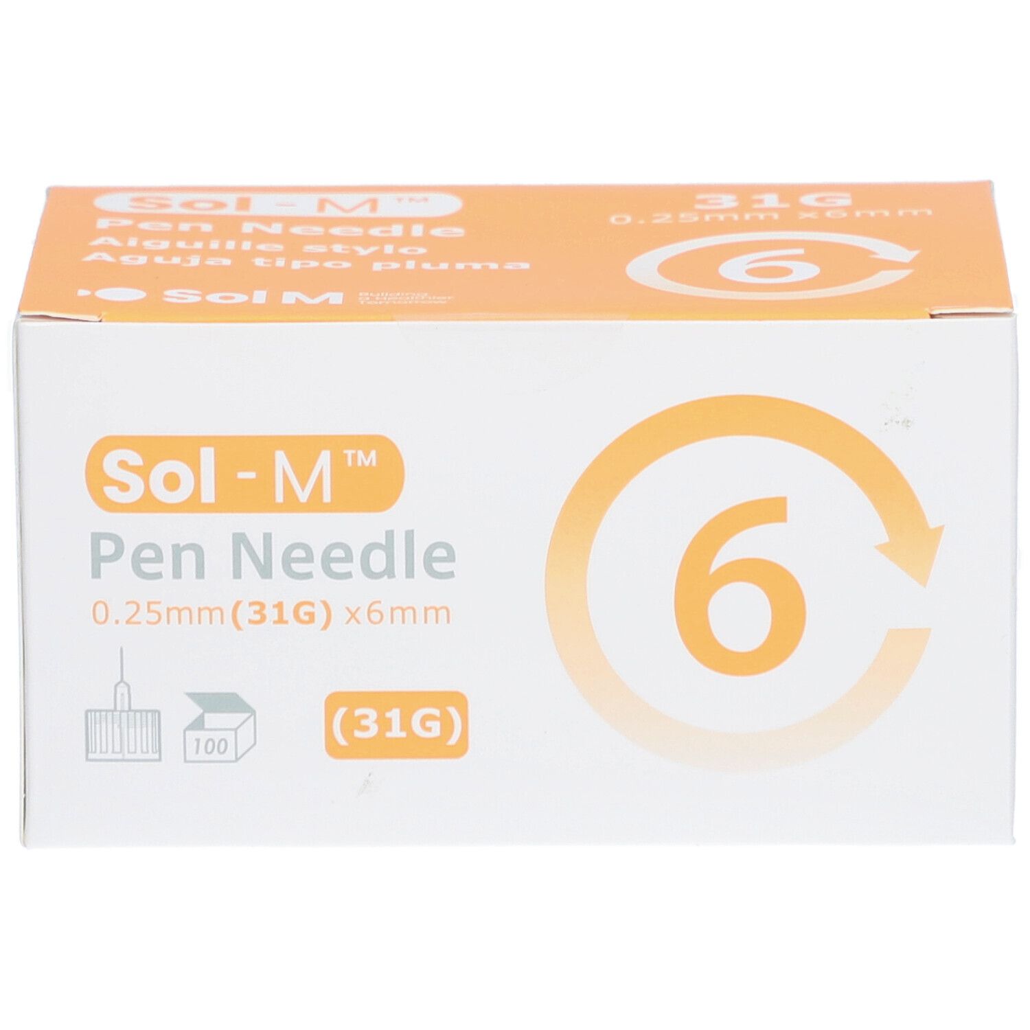 Verpakking Sol-M Pen Needle. Bevat 6 naalden, 0,25 mm x 6 mm. Opschriften: 31G, Sol-M logo, productnaam, aantal 6.