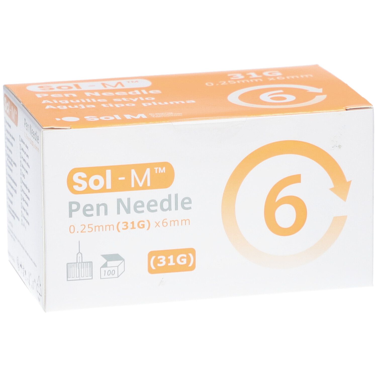 Verpakking Sol-M Pen Needle. Bevat 6 naalden, 0,25 mm x 6 mm. Opschriften: 31G, Sol-M logo, productnaam, aantal 6.