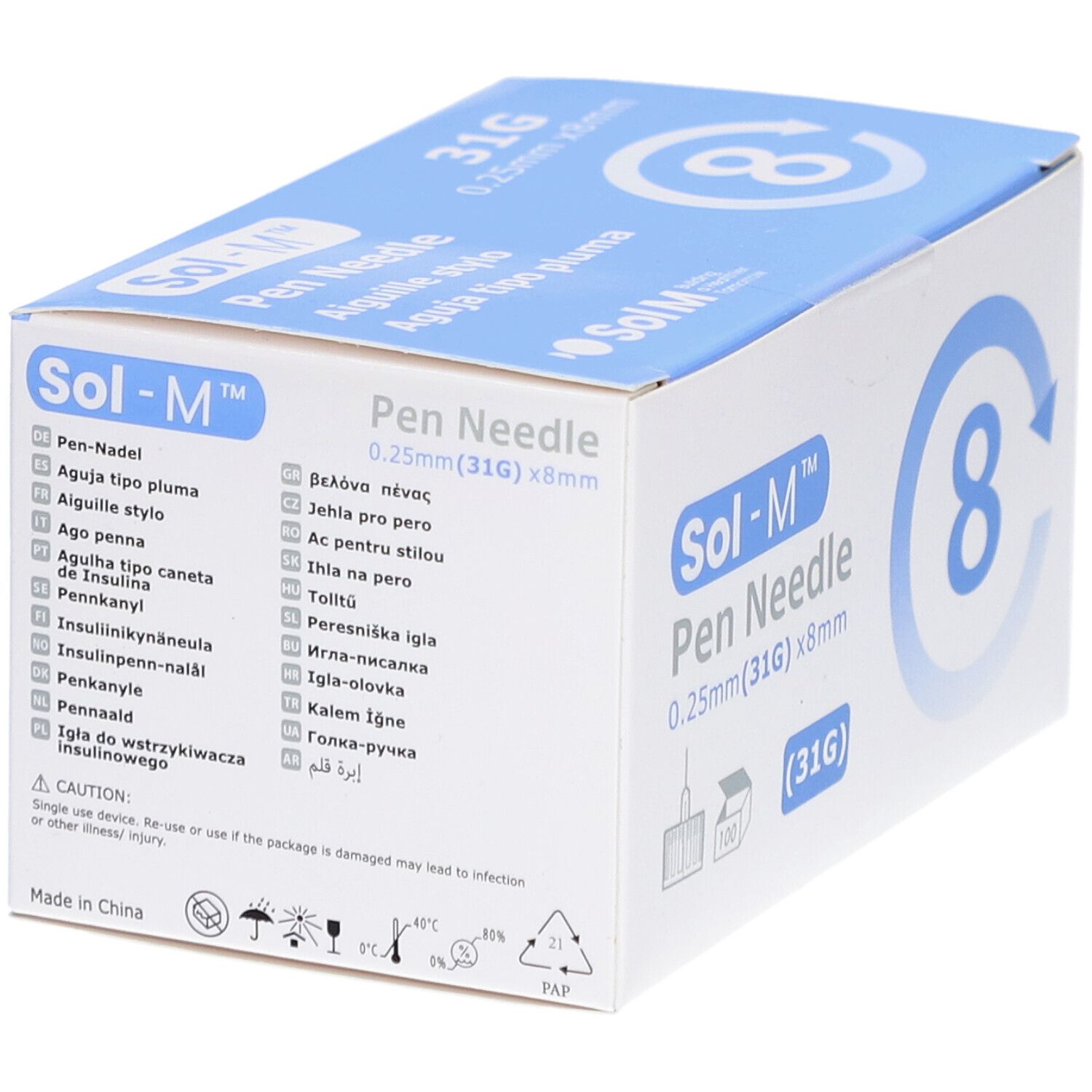 Boîte Sol-M Pen Needle. Emballage bleu et blanc avec informations produit. Liste multilingue. 0,25 mm (31G) x 8 mm.