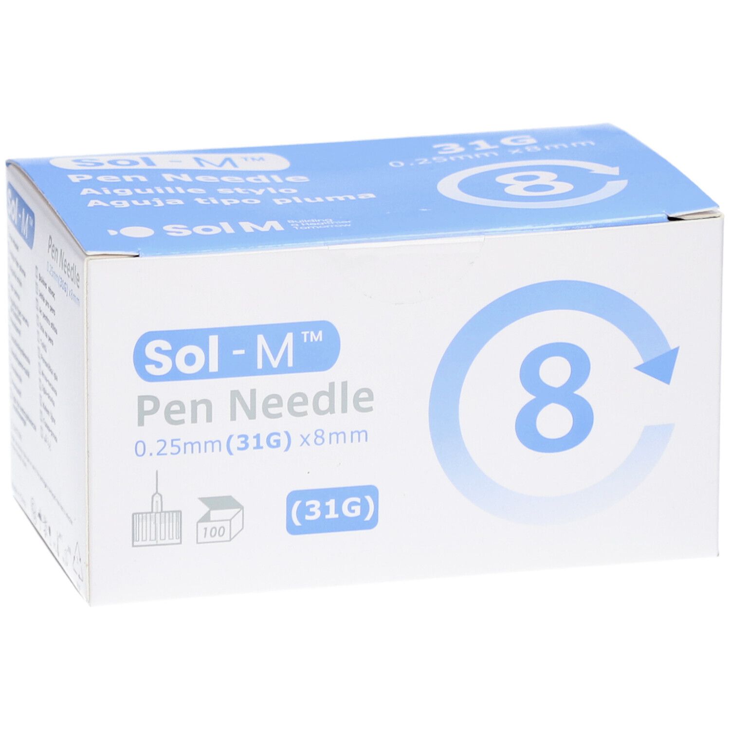 Boîte Sol-M Pen Needle. Emballage bleu et blanc avec informations produit. 0,25 mm (31G) x 8 mm. 100 pièces.