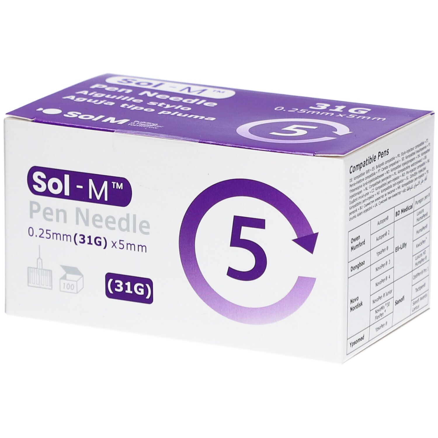 Sol-M Pen Needle-verpakking. Witte doos met paarse accenten. Opschrift: 0,25 mm (31G) x 5 mm, 5 naalden.