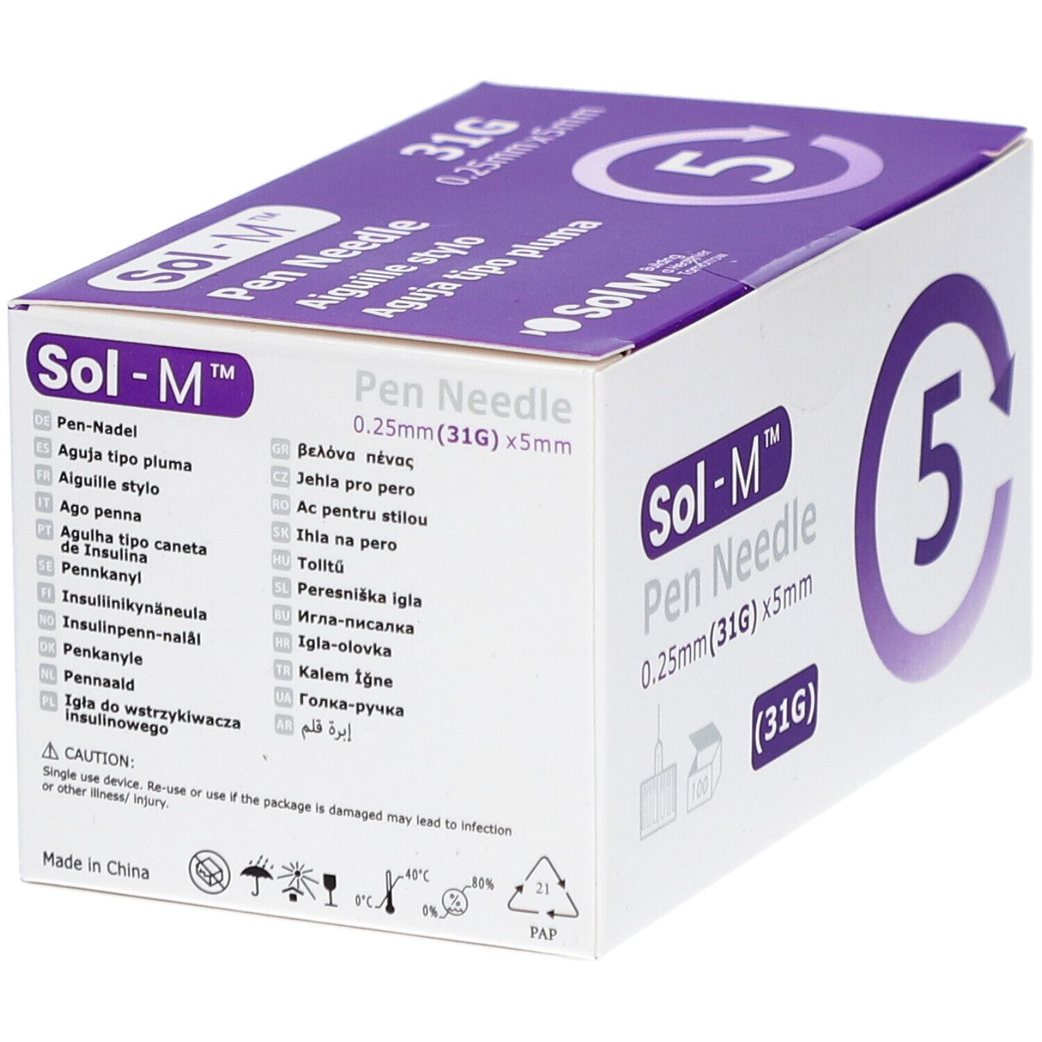 Sol-M Pen Needle-verpakking. Witte doos met paarse accenten. Opschrift: 0,25 mm (31G) x 5 mm, 5 naalden. Meertalige teksten.