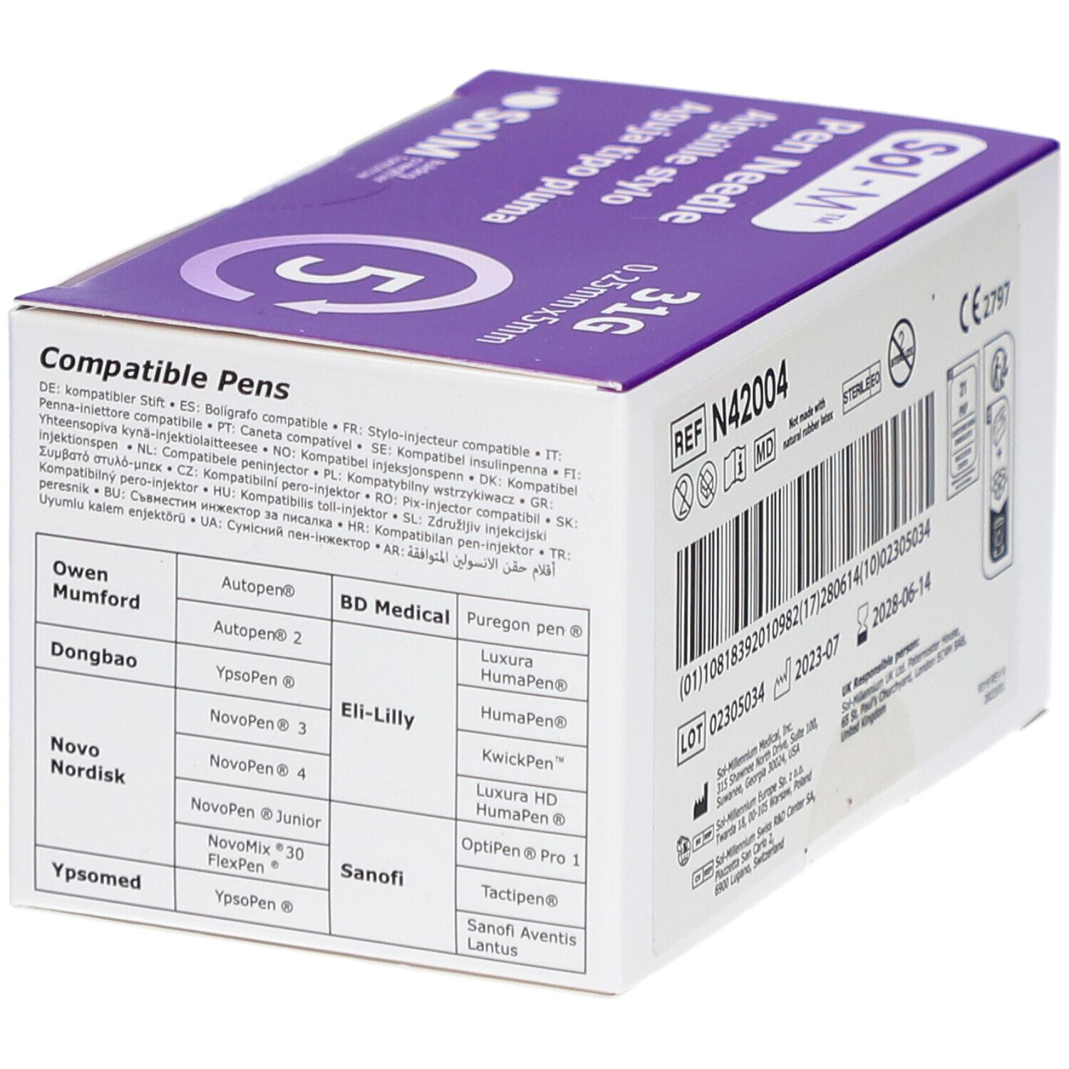 Achterkant van de Sol-M Pen Needle-verpakking. Compatibele penmerken vermeld. CE-markering.