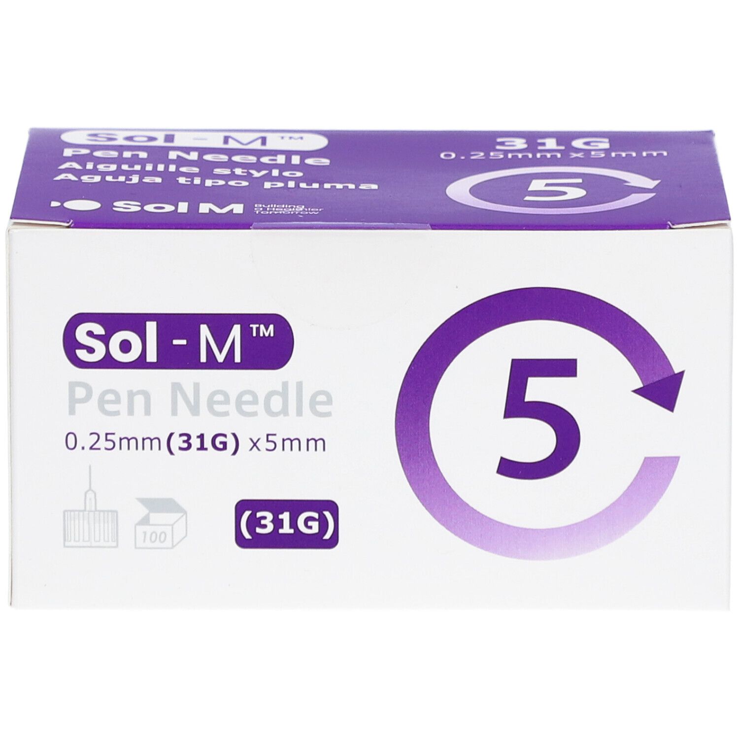 Sol-M Pen Needle-verpakking. Witte doos met paarse accenten. Opschrift: 0,25 mm (31G) x 5 mm, 5 naalden.