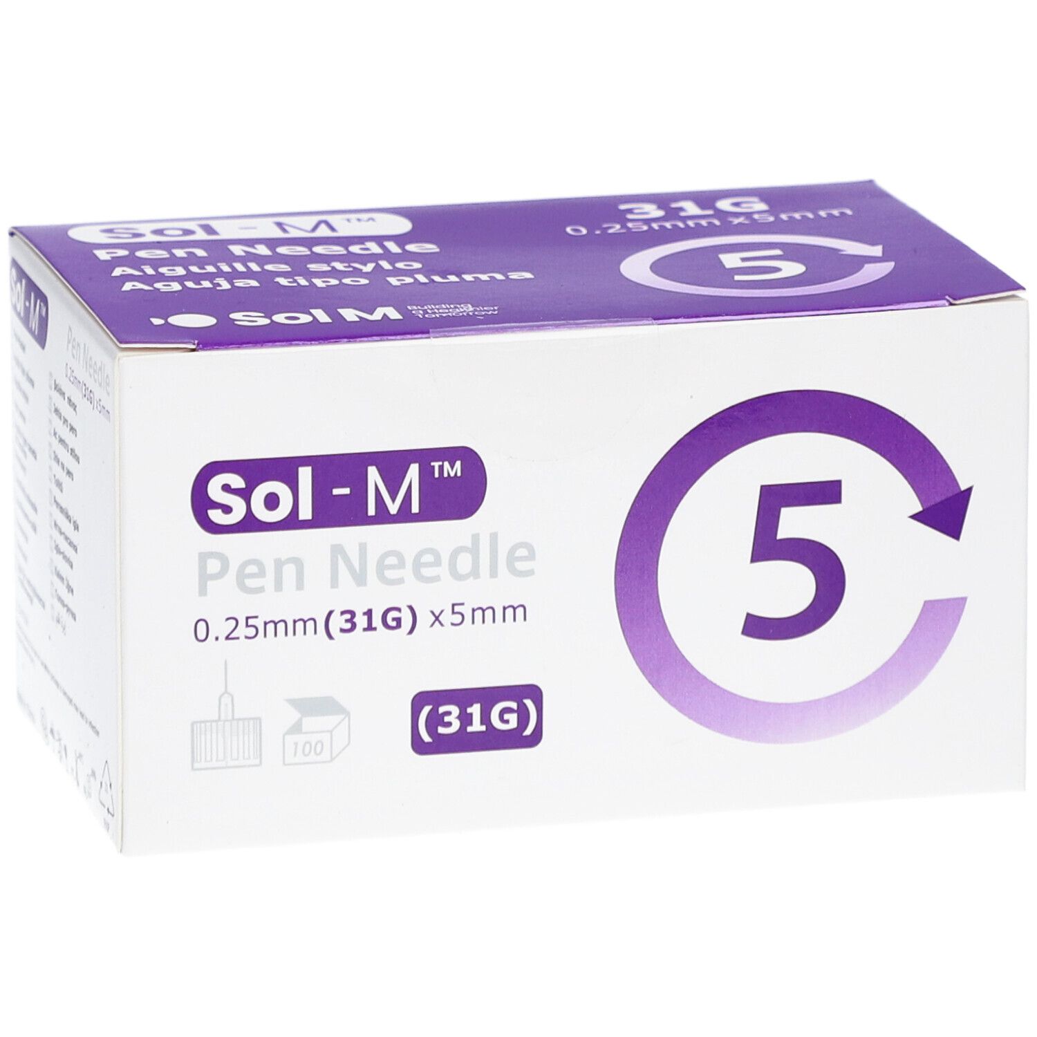 Sol-M Pen Needle-verpakking. Witte doos met paarse accenten. Opschrift: 0,25 mm (31G) x 5 mm, 5 naalden.