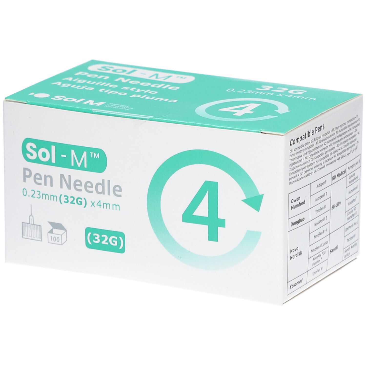 Boîte de Sol-M Pen Needle. 32G, 0,23 mm x 4 mm. Contient 4 aiguilles. Impression: 100 pièces. Boîte verte et blanche.