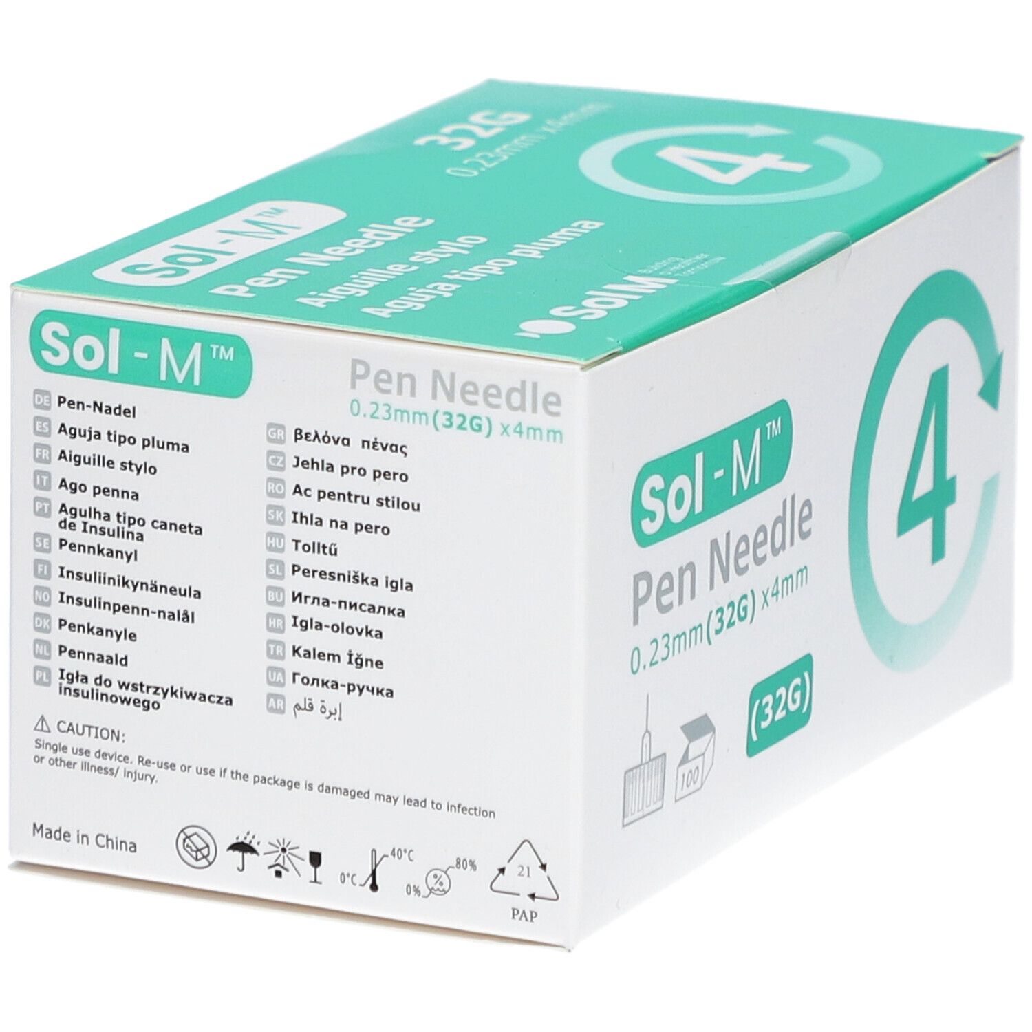 Boîte Sol-M Pen Needle. 32G, 0,23 mm x 4 mm. Contient 4 aiguilles. Impression: 100 pièces. Boîte verte et blanche. Avertissement.
