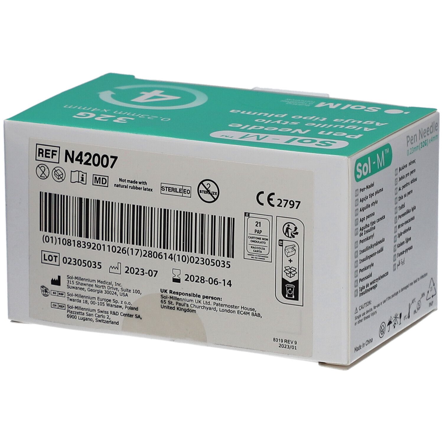 Dos de la boîte Sol-M Pen Needle. 32G, 0,23 mm x 4 mm. Boîte avec numéro de lot, date d'expiration, marquage MD, marquage CE.