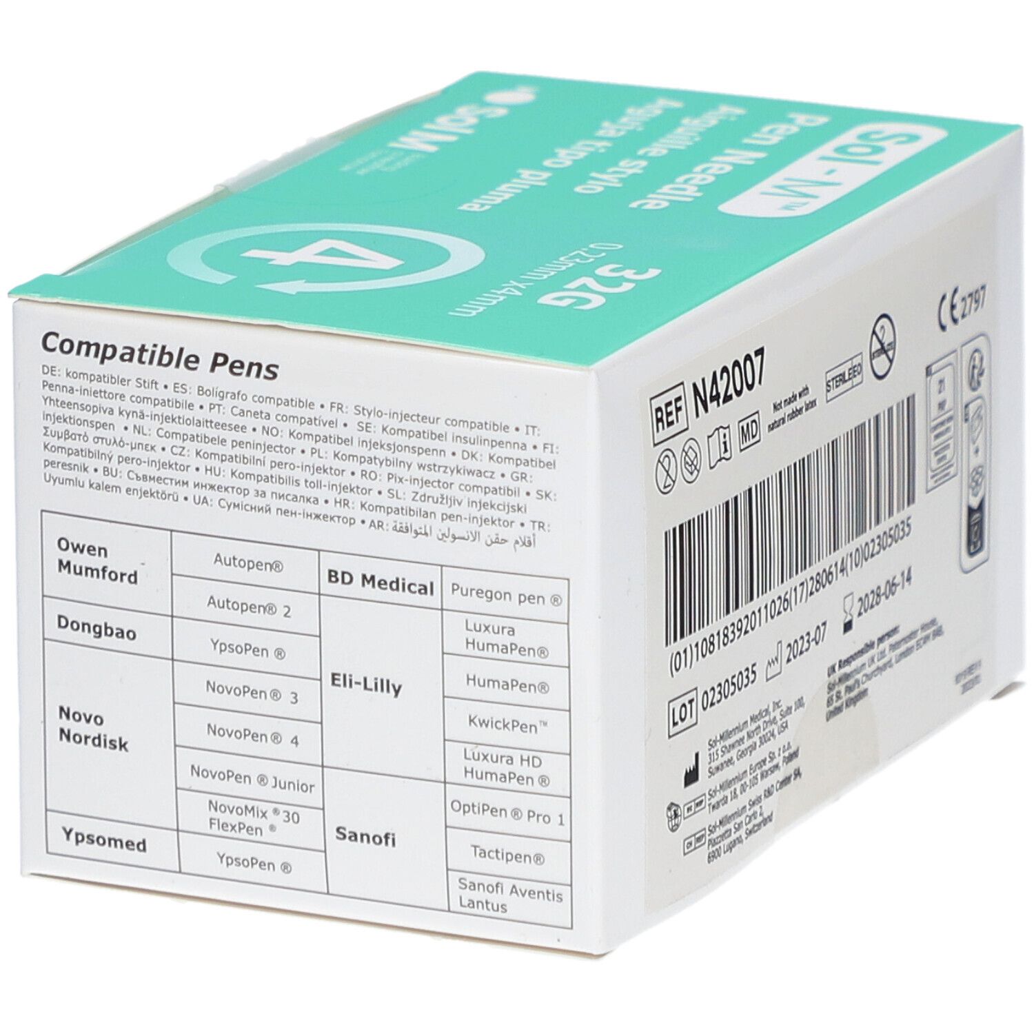 Dos de la boîte Sol-M Pen Needle. 32G, 0,23 mm x 4 mm. Boîte avec stylos compatibles. Marque CE.