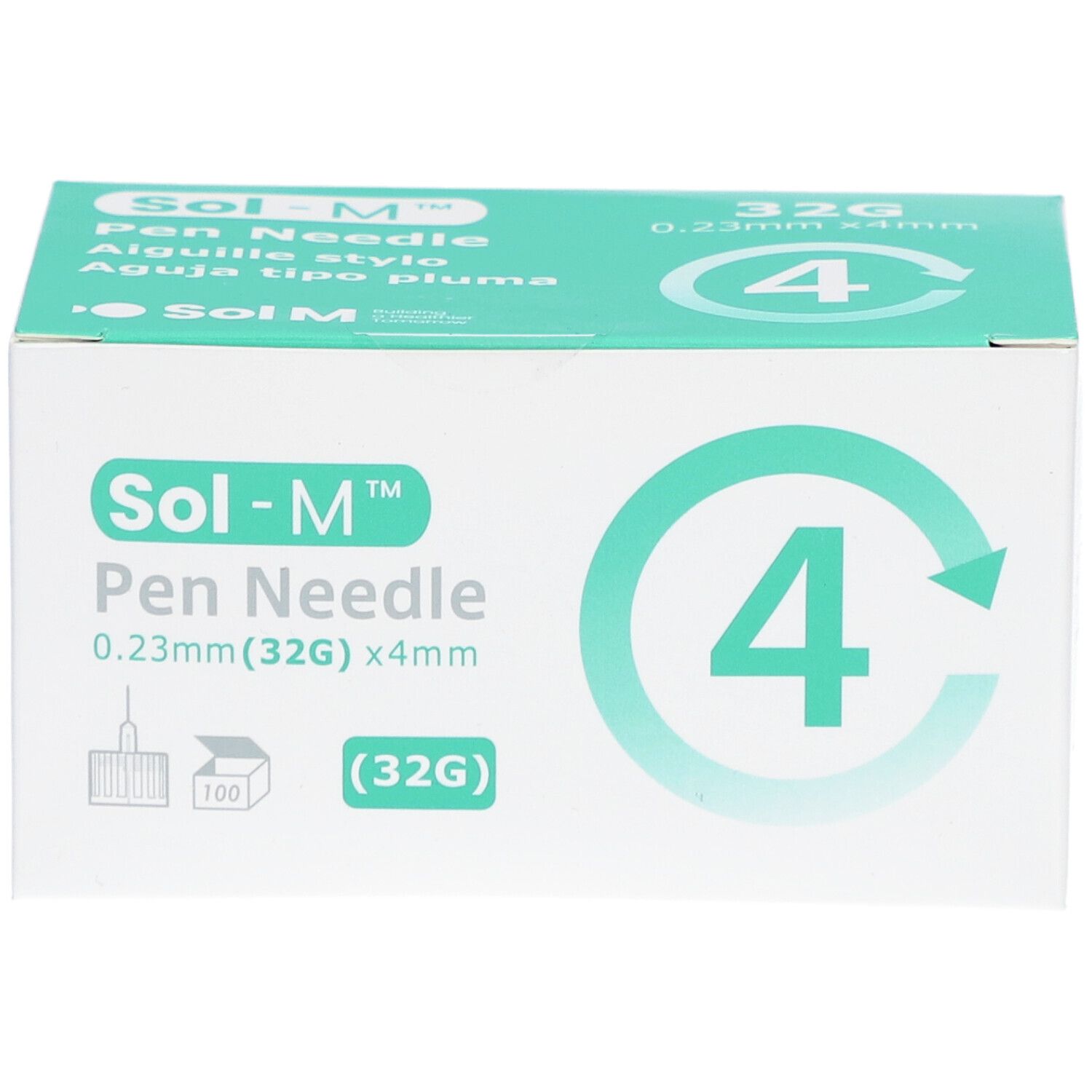 Boîte Sol-M Pen Needle. 32G, 0,23 mm x 4 mm. Contient 4 aiguilles. Impression: 100 pièces. Boîte verte et blanche.