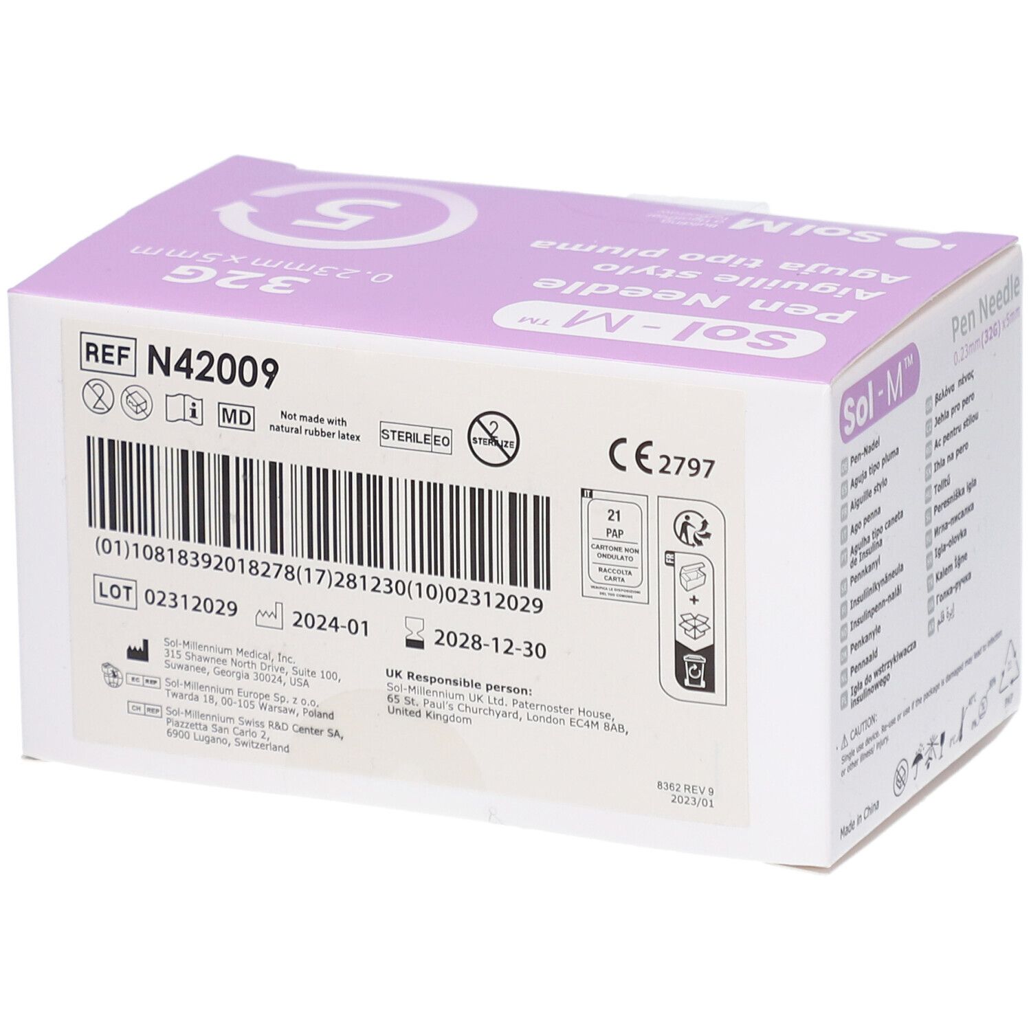 Boîte de Sol-M Pen Needle. Inscription : 0,23 mm x 5 mm, 32G. Code-barres, lot, date de péremption, marquage CE.