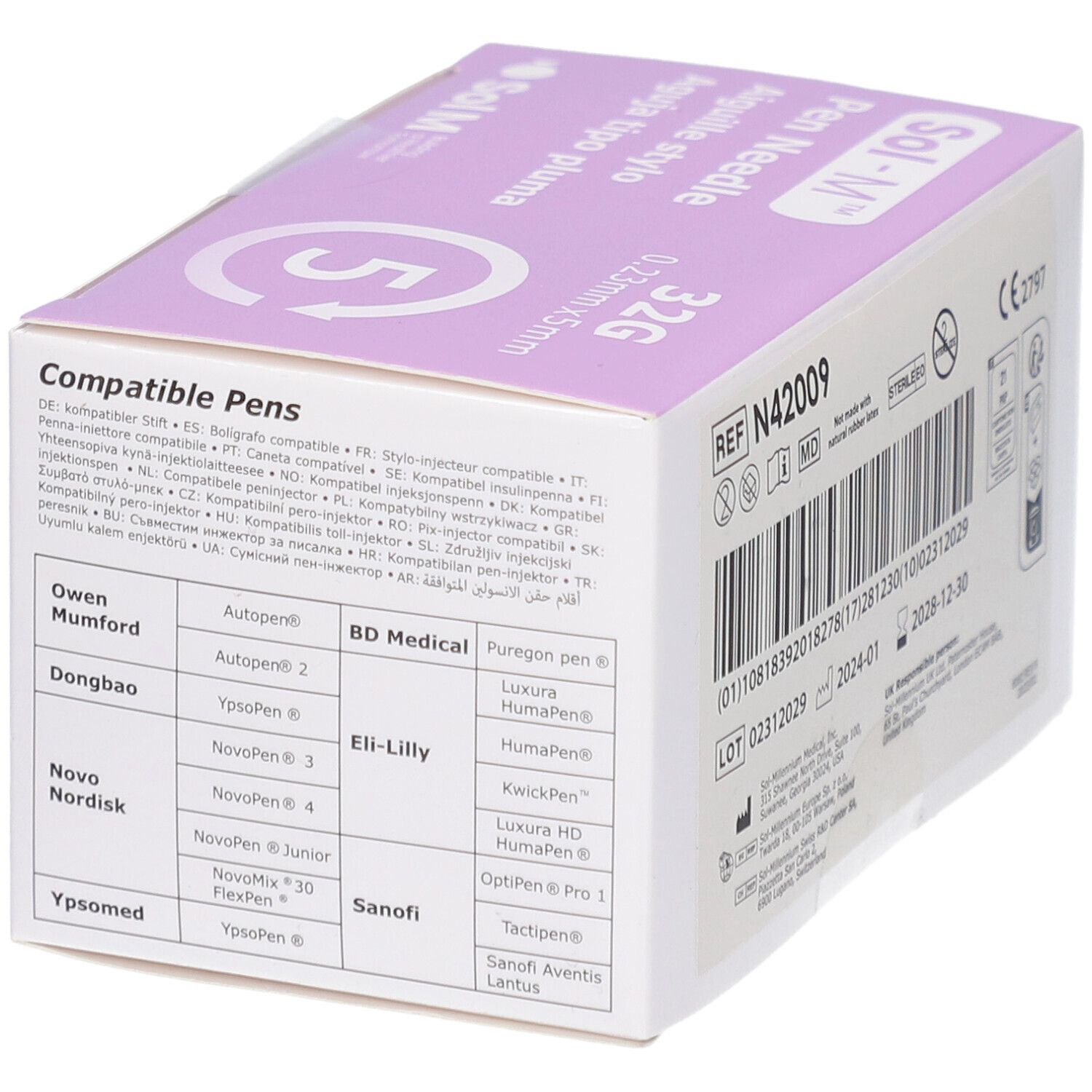 Boîte de Sol-M Pen Needle. Inscription : 0,23 mm x 5 mm, 32G. Modèles de stylos compatibles.