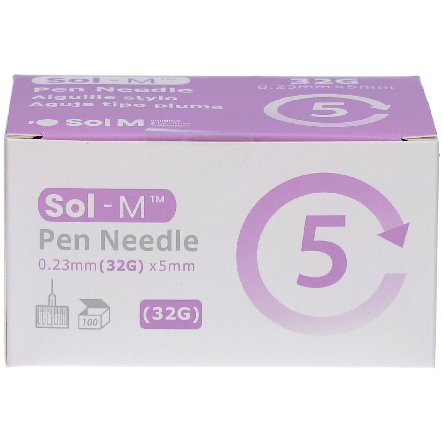 Boîte de Sol-M Pen Needle. Inscription : 0,23 mm x 5 mm, 32G. Accent violet. 100 pièces.