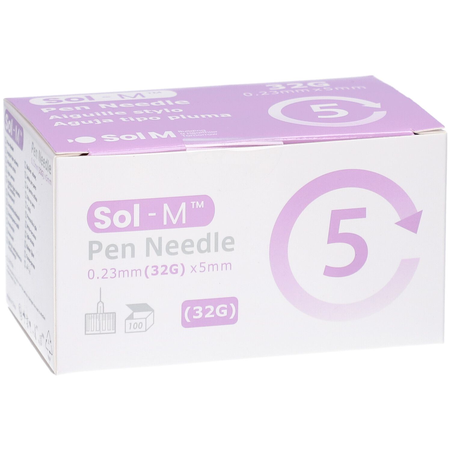 Boîte de Sol-M Pen Needle. Inscription : 0,23 mm x 5 mm, 32G. Accent violet. 100 pièces.