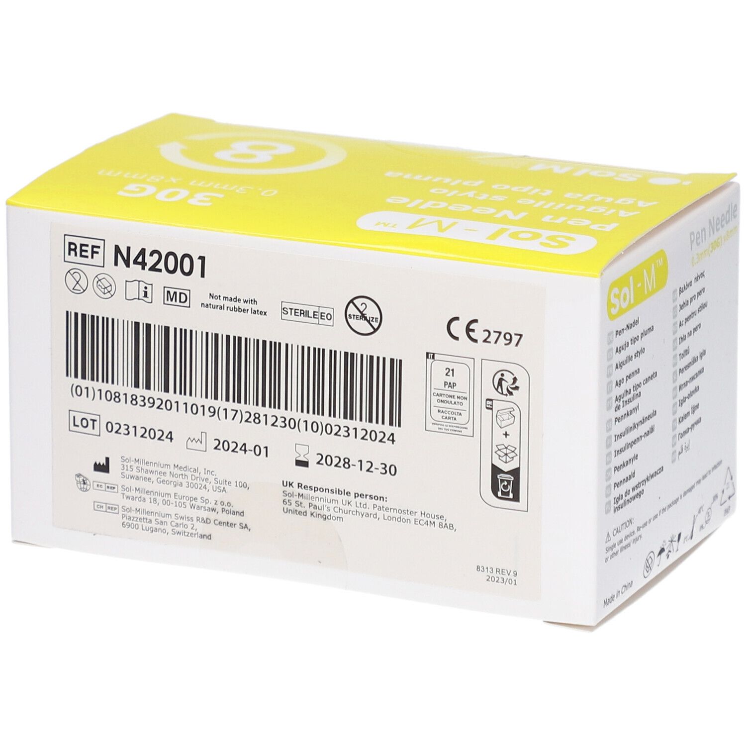 Dos de la boîte d'aiguilles pour stylo Sol-M. Code-barres, numéro REF, symbole MD, symbole stérile, marquage CE. Date de péremption.