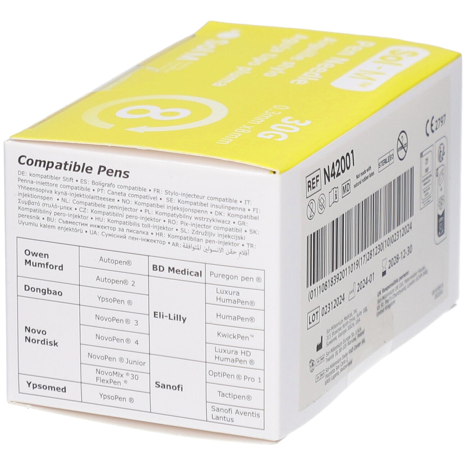 Boîte d'aiguilles pour stylo Sol-M. Liste des stylos compatibles. Marquage CE. Numéro REF. Code-barres. Date de péremption.