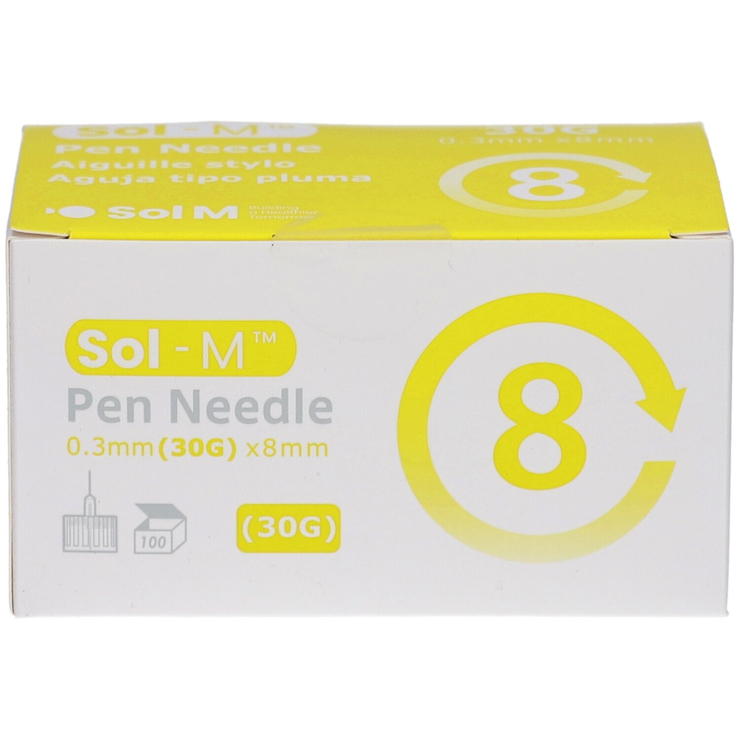 Boîte d'aiguilles pour stylo Sol-M. Inscription : 0,3 mm (30G) x 8 mm. Accent jaune avec le chiffre 8. 100 pièces.