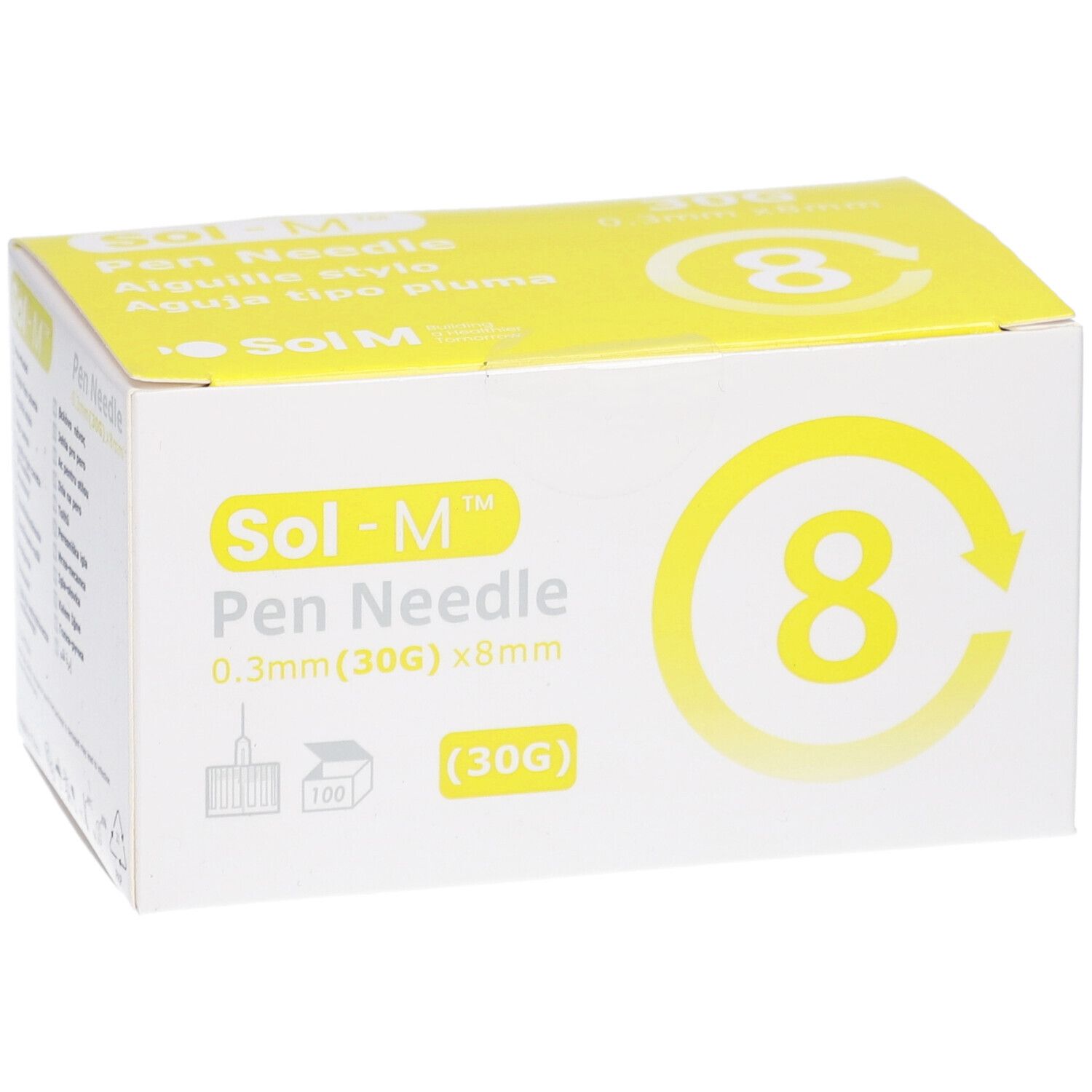Boîte d'aiguilles pour stylo Sol-M. Inscription : 0,3 mm (30G) x 8 mm. Accent jaune avec le chiffre 8. 100 pièces.