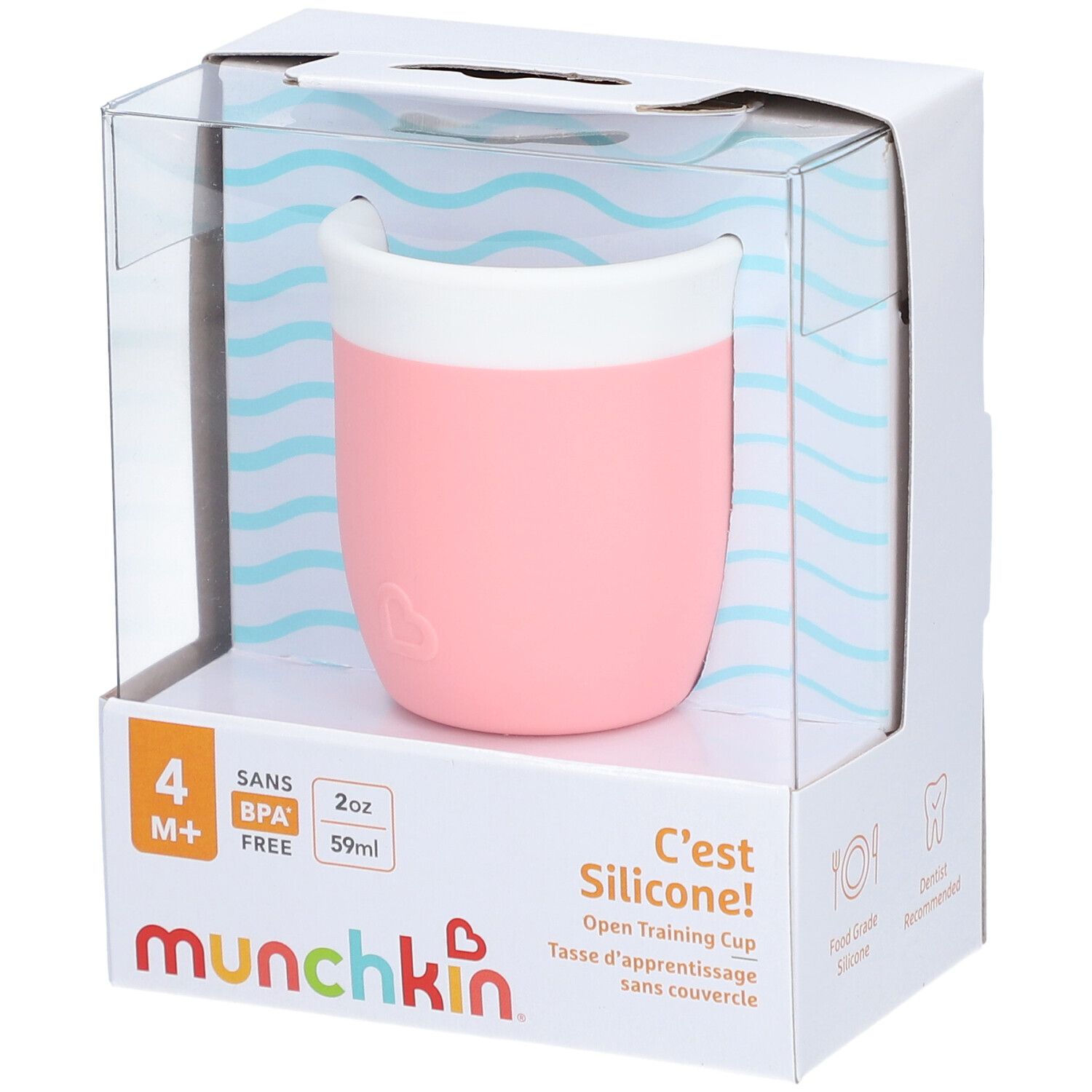 Roze oefenbeker in verpakking. Merk: munchkin. BPA-vrij. 2oz/59ml. Vanaf 4 maanden.