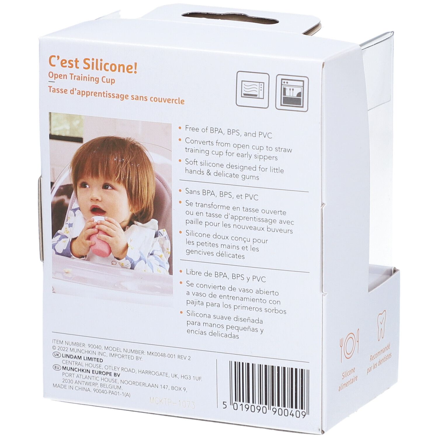Achterkant van de verpakking. Tekst: C'est Silicone! Vrij van BPA, BPS en PVC. Geschikt voor baby's vanaf 4 maanden.