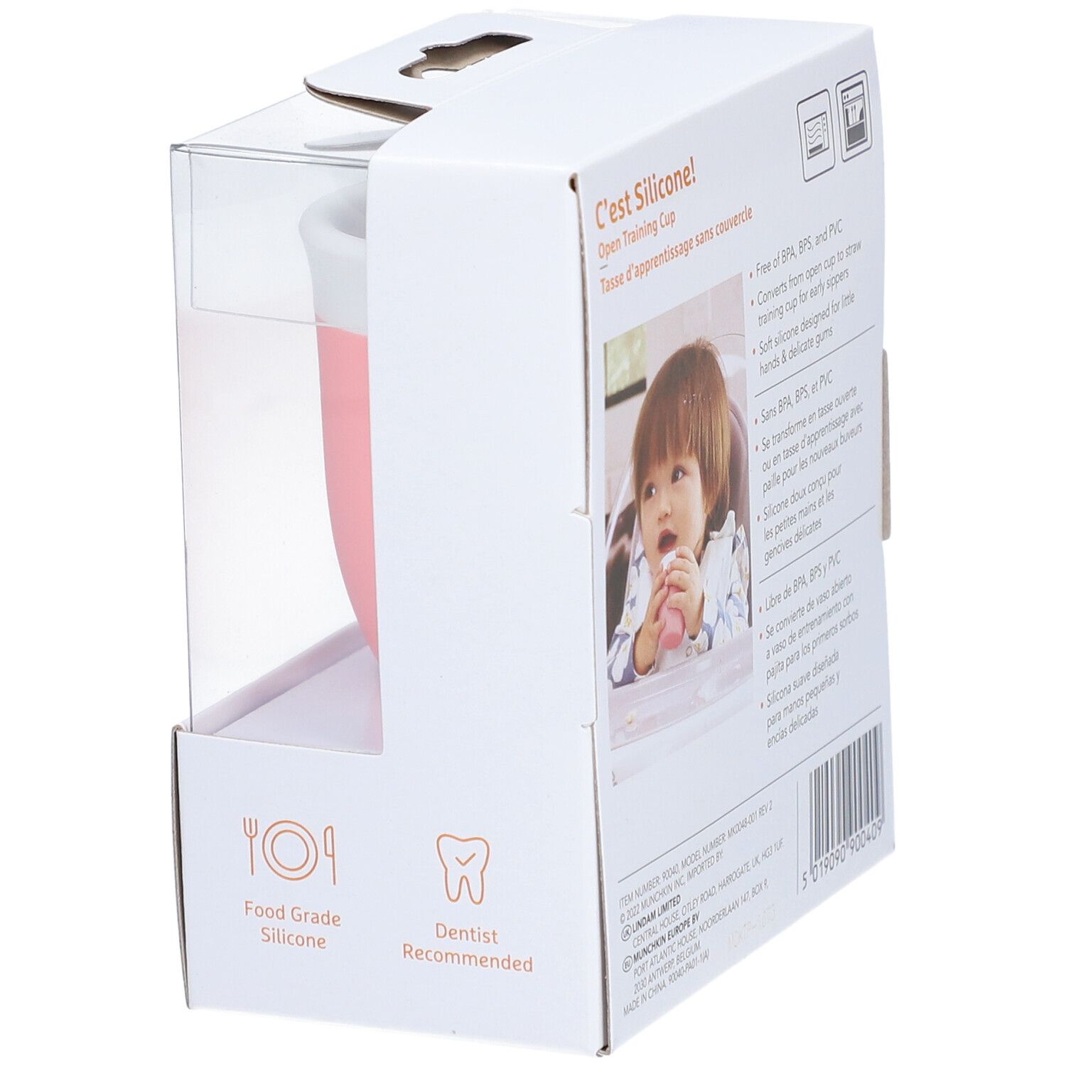 Verpakking met roze oefenbeker. Tekst: C'est Silicone! Geschikt voor baby's vanaf 4 maanden. Tandarts aanbevolen.