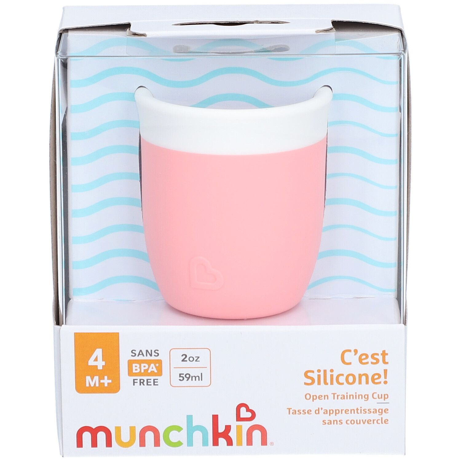 Roze oefenbeker in verpakking. Merk: munchkin. BPA-vrij. 2oz/59ml. Vanaf 4 maanden.