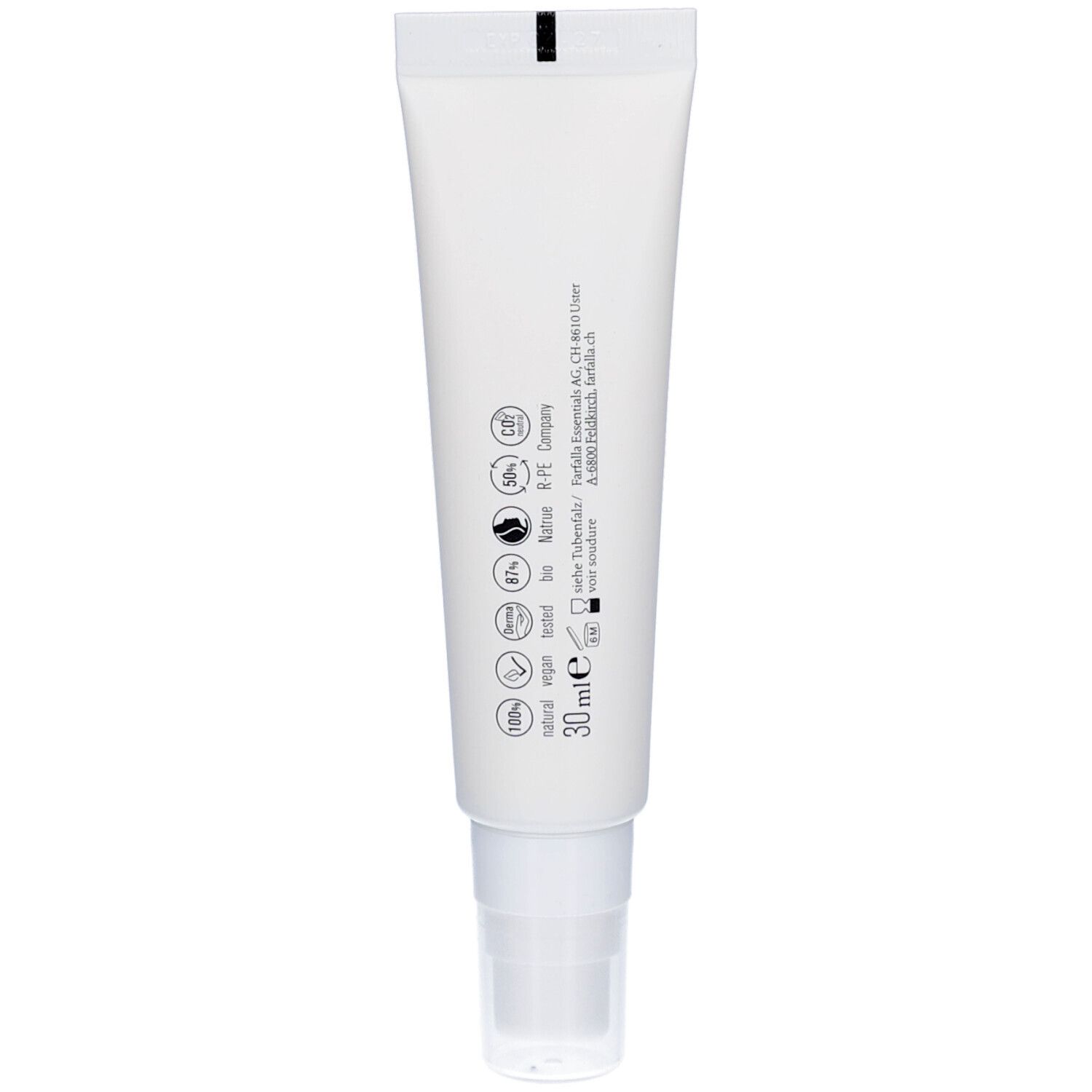 Achterkant van de witte tube. Tekst en logo's. Volume: 30 ml. Certificeringen: vegan, 100% natuurlijk, etc.