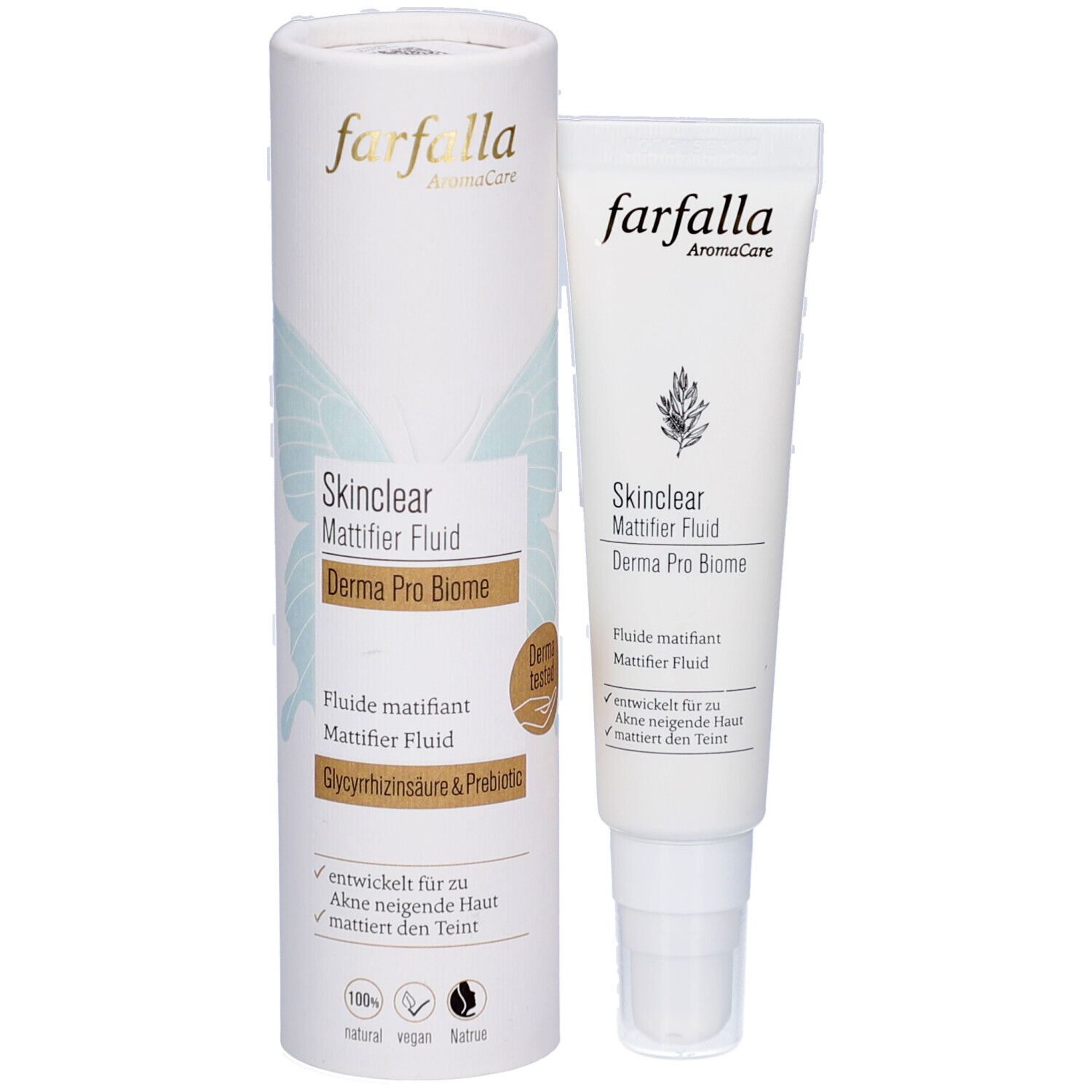 Product en verpakking. Tube en cilindrische verpakking. Tekst: Skinclear Mattifier Fluid, Derma Pro Biome. Merk: farfalla.