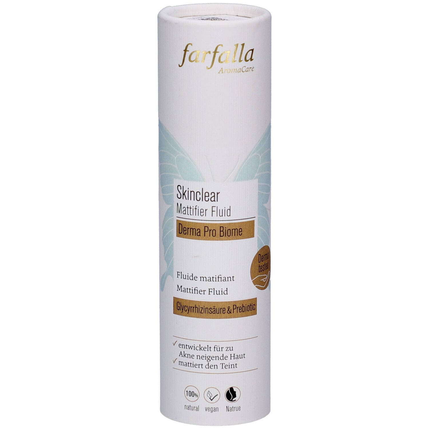 Cilindrische verpakking. Tekst: Skinclear Mattifier Fluid, Derma Pro Biome. Merk: farfalla. Met productnaam en logo.