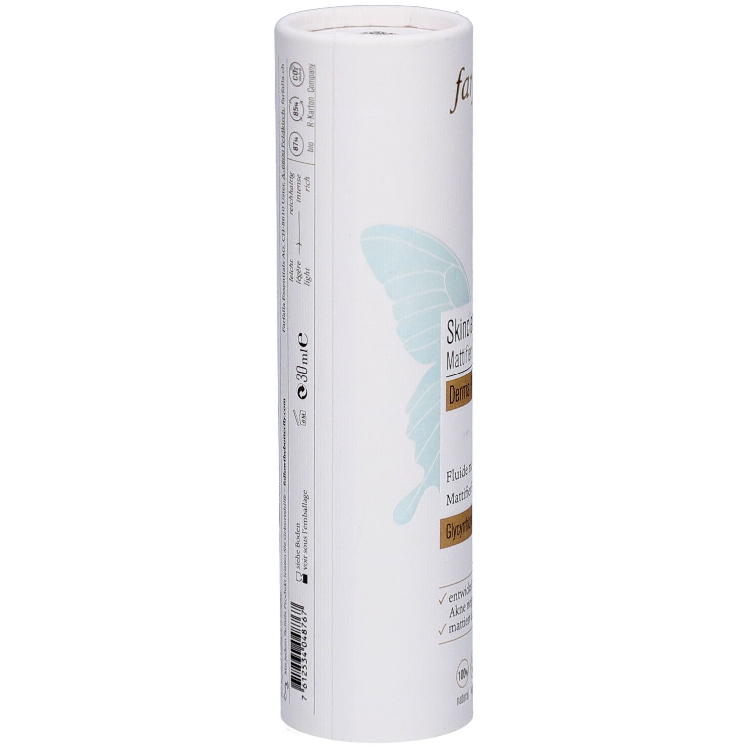 Cilindrische verpakking. Tekst: Skinclear Mattifier Fluid, Derma Pro Biome. Volume: 30 ml. Logo's en certificeringen.