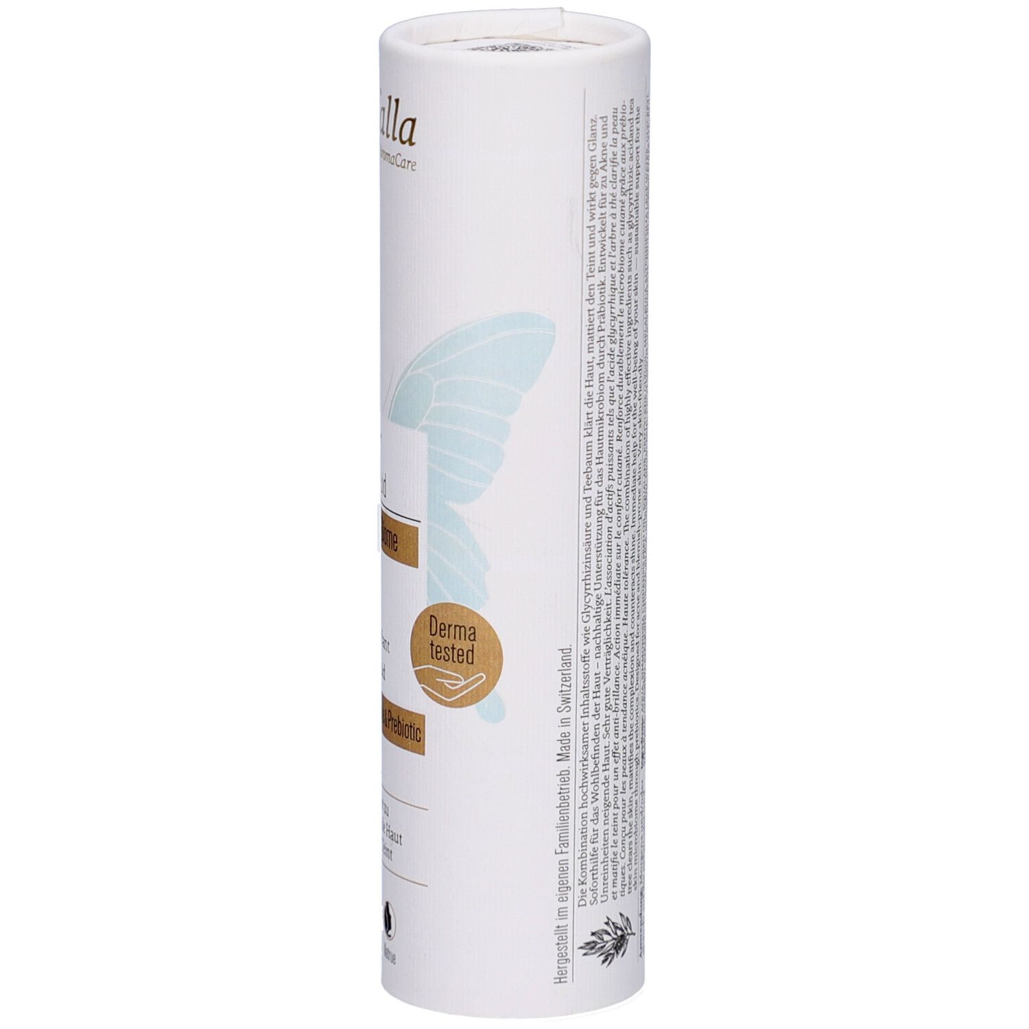 Cilindrische verpakking. Tekst: Skinclear Mattifier Fluid, Derma tested. Gemaakt in Zwitserland. Merk: farfalla.