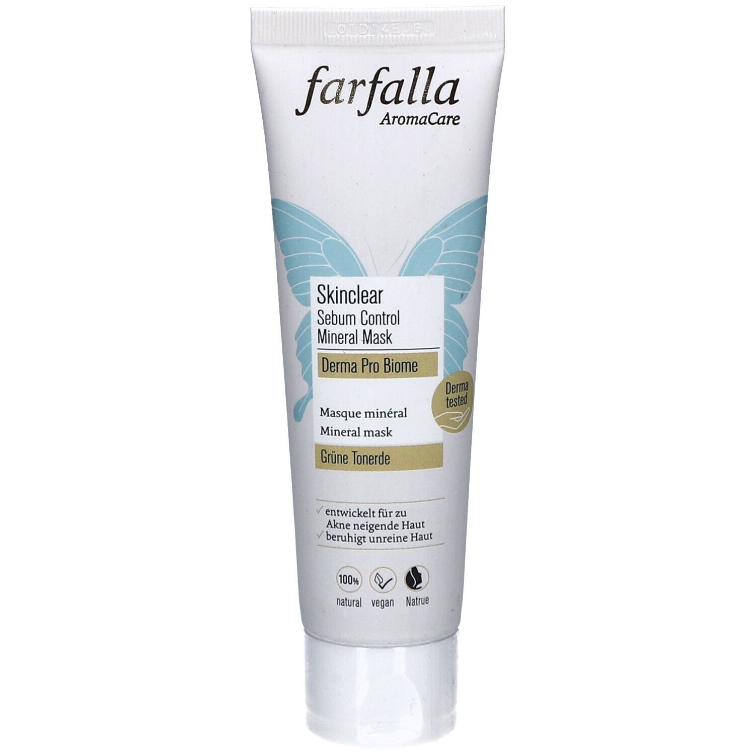 Witte tube met opschrift "farfalla AromaCare". Productnaam: Skinclear Sebum Control Mineral Mask. Groen-blauwe afbeelding. "Derma Pro Biome"-zegel.