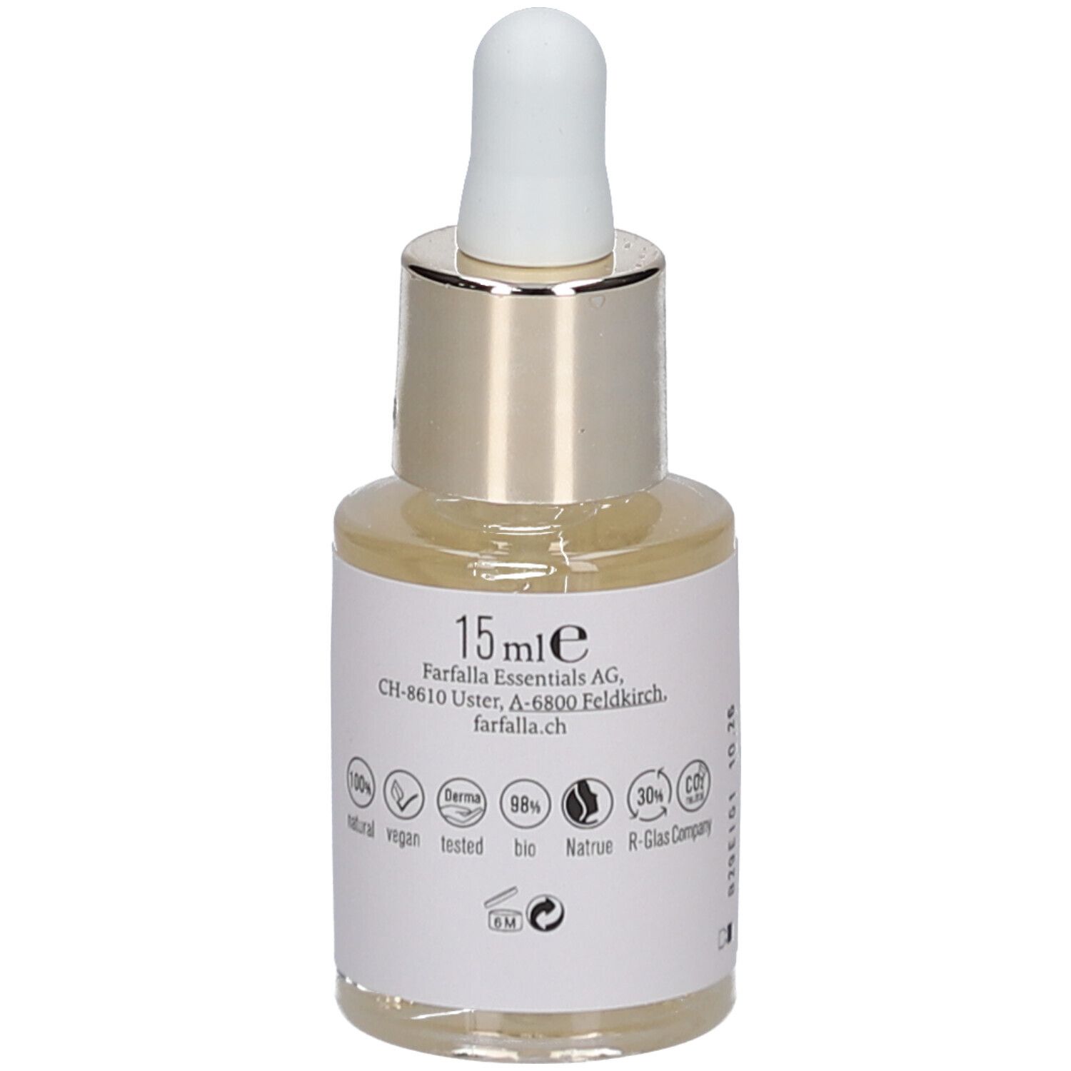 Serumfles met pipet. Opschrift: Farfalla, 15ml, vegan, bio. Adres: Farfalla Essentials AG, CH-8610 Uster.