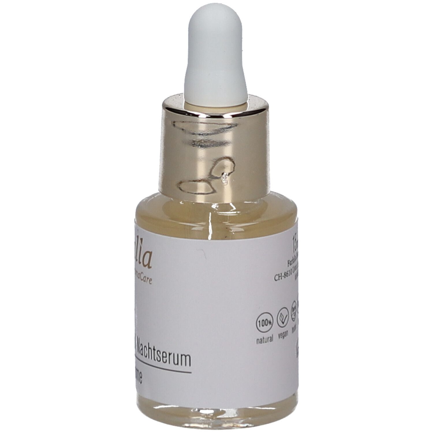 Serumfles met pipet. Opschrift: Farfalla, Skinclear, Sebum Control Nachtserum. Logo's: vegan, natuurlijk.