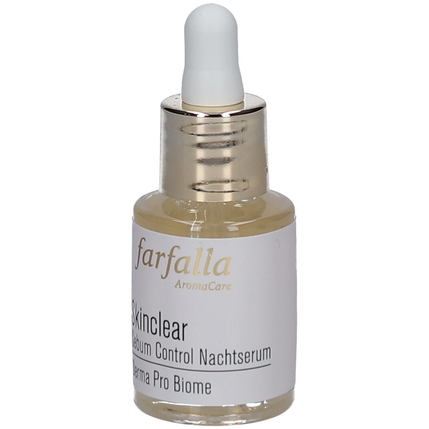Serumfles met pipet. Opschrift: Farfalla, Skinclear, Sebum Control Nachtserum, Derma Pro Biome.