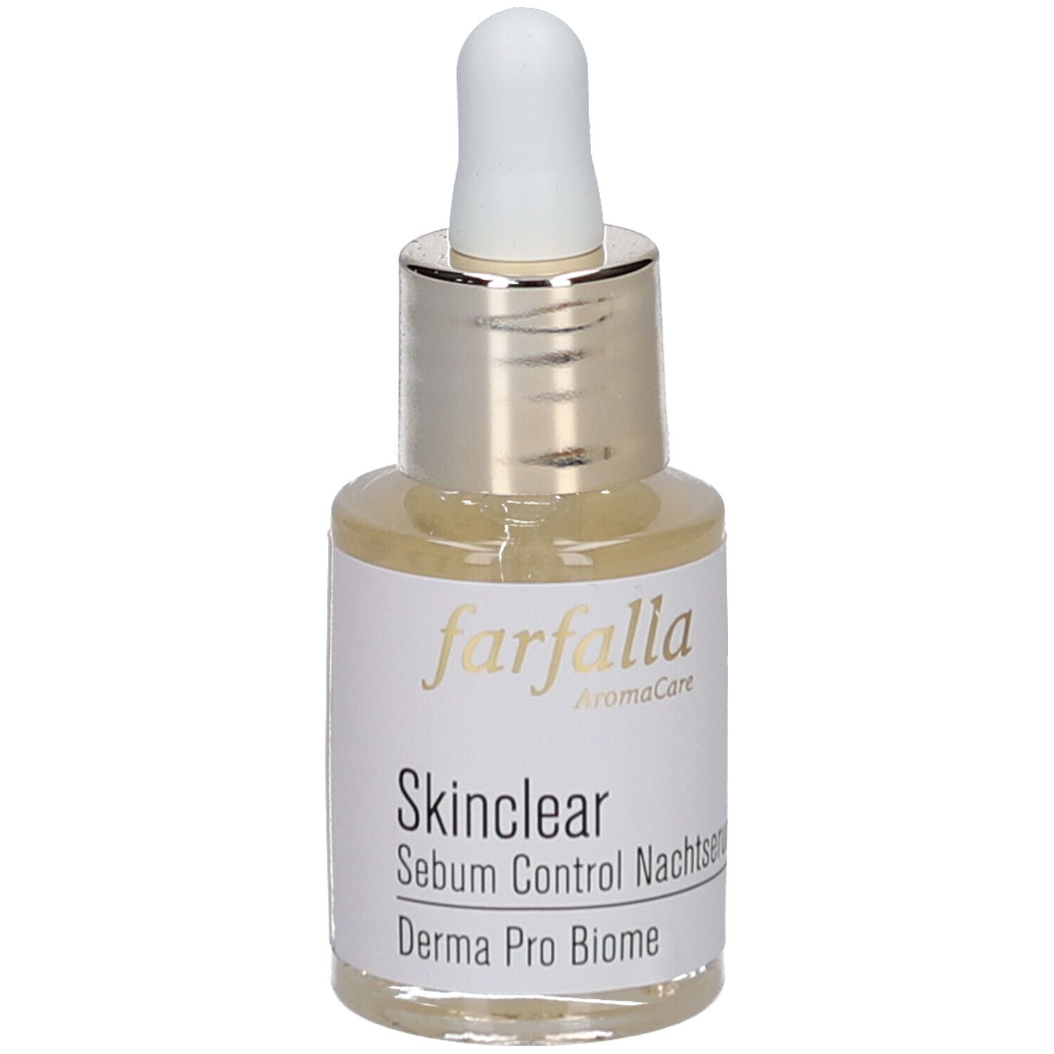 Serumfles met pipet. Opschrift: Farfalla, Skinclear, Sebum Control Nachtserum, Derma Pro Biome.