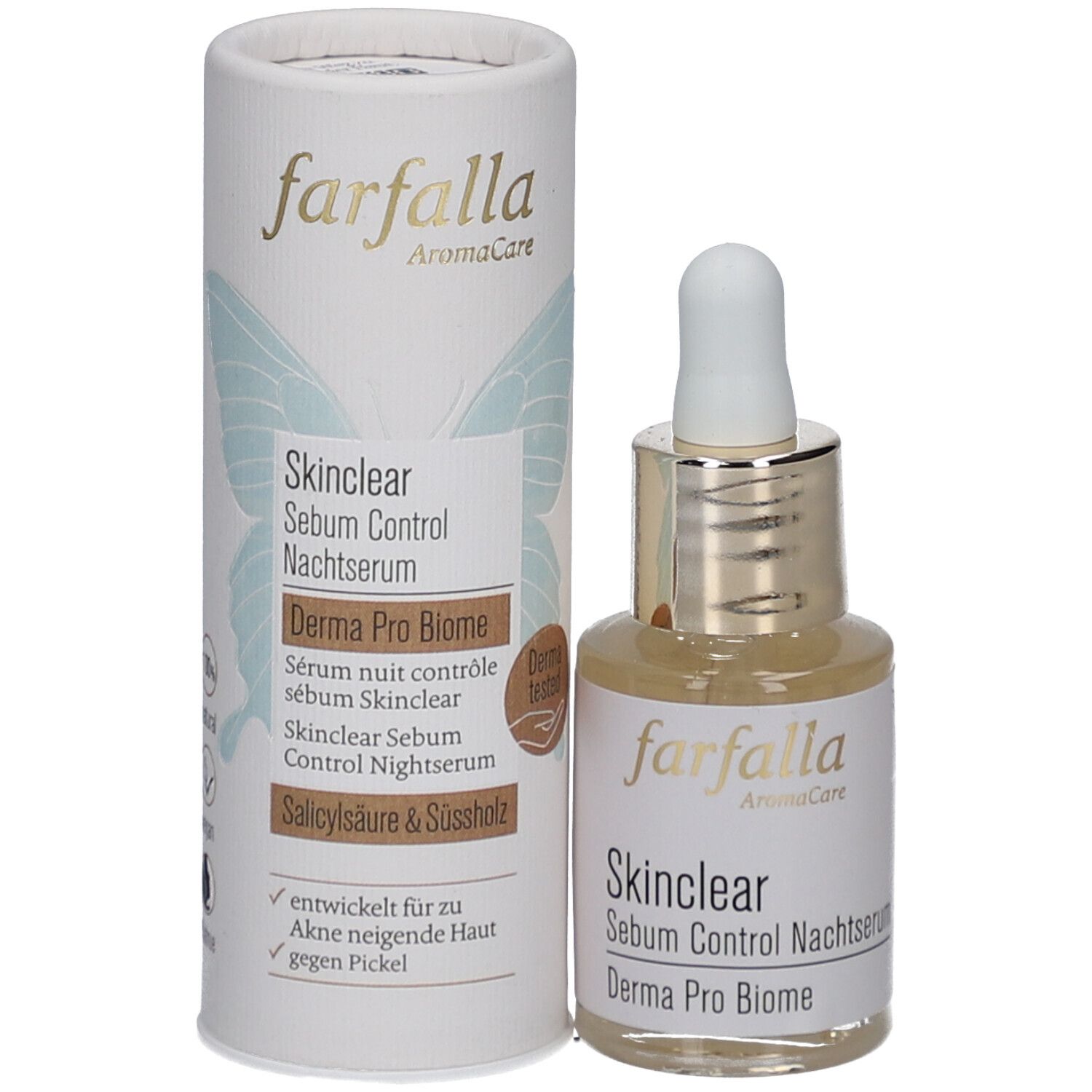 Productverpakking met serumfles en karton. Opschrift: Farfalla, Skinclear, Sebum Control Nachtserum, Derma Pro Biome.