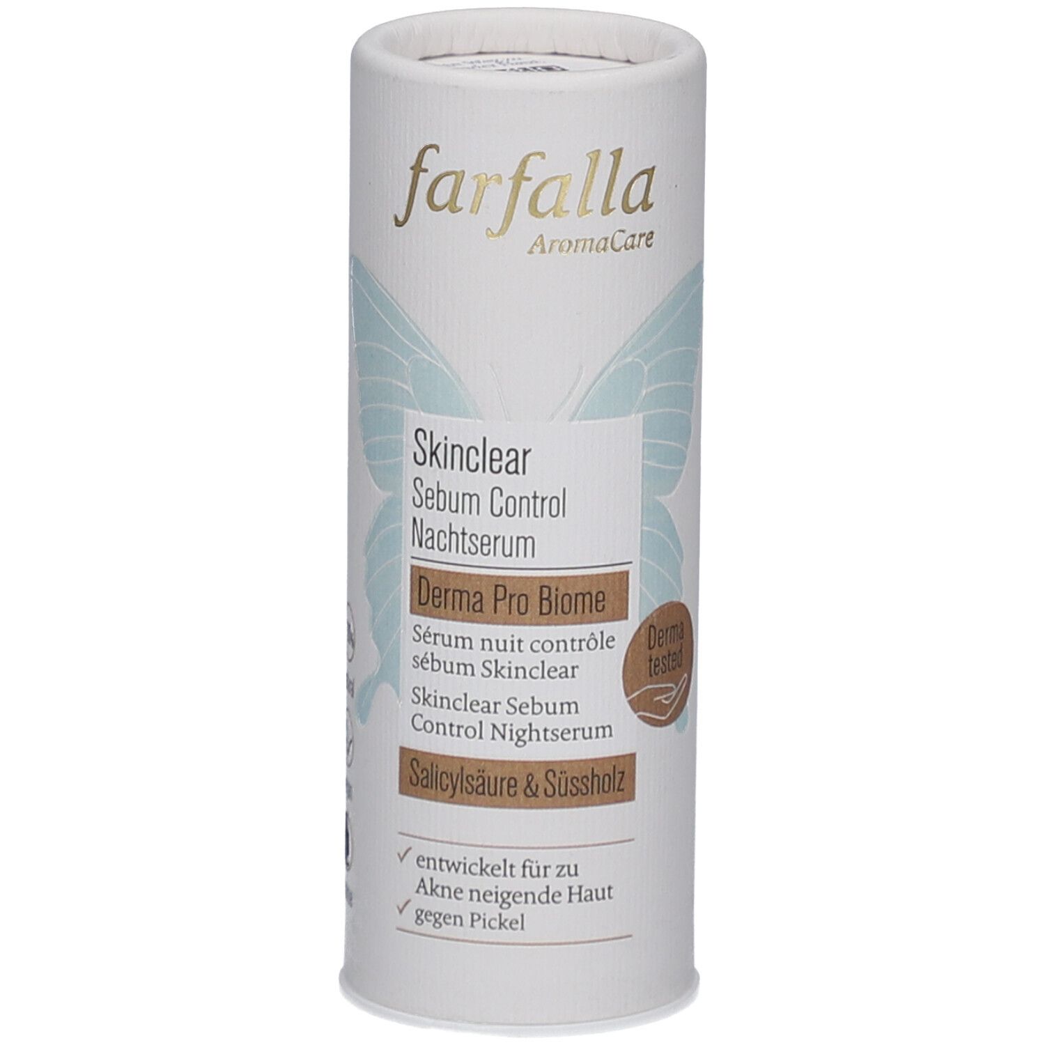 Productverpakking met karton. Opschrift: Farfalla, Skinclear, Sebum Control Nachtserum, Derma Pro Biome.