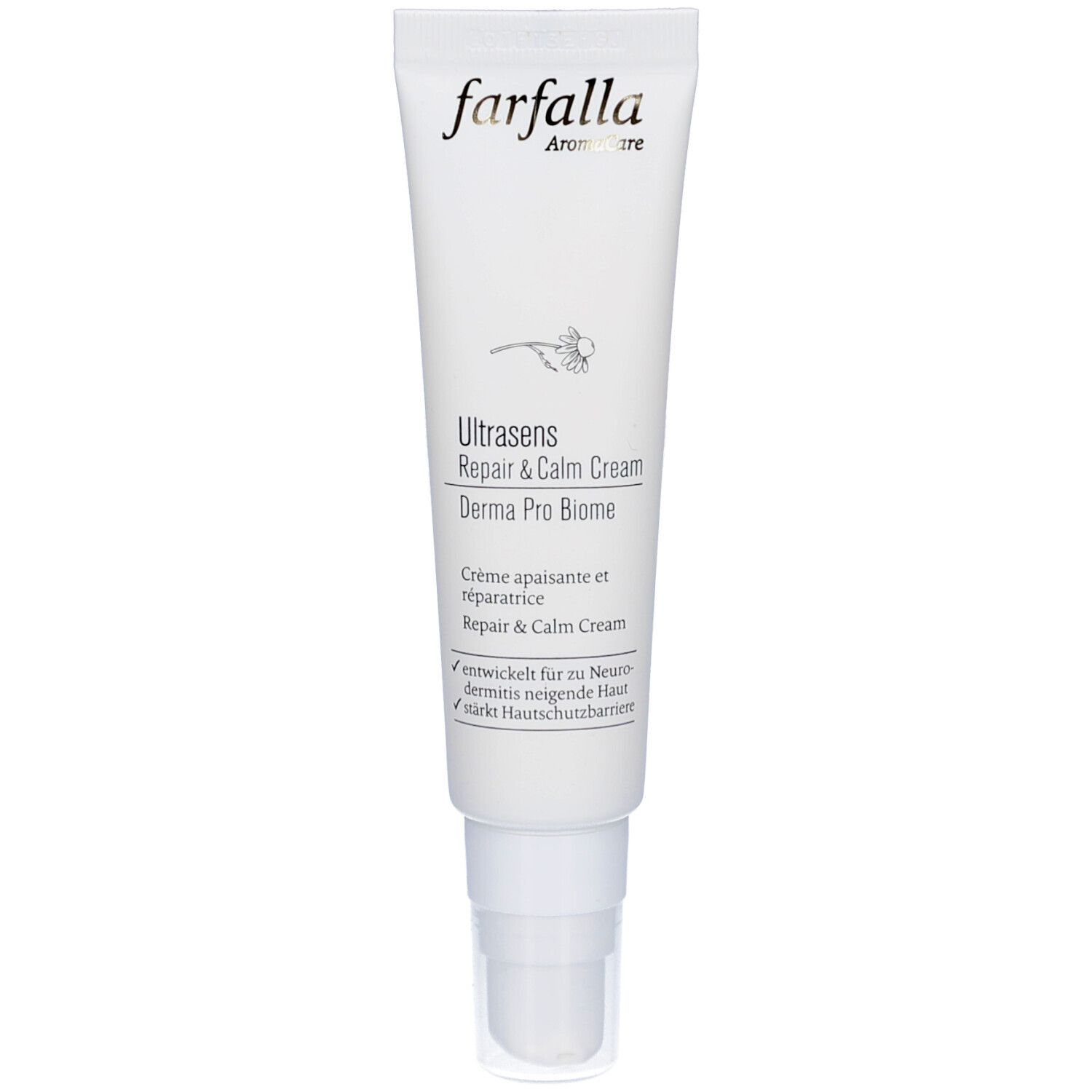 Tube blanche avec inscription: Farfalla Ultrasens Repair & Calm Cream. Avec pompe doseuse.