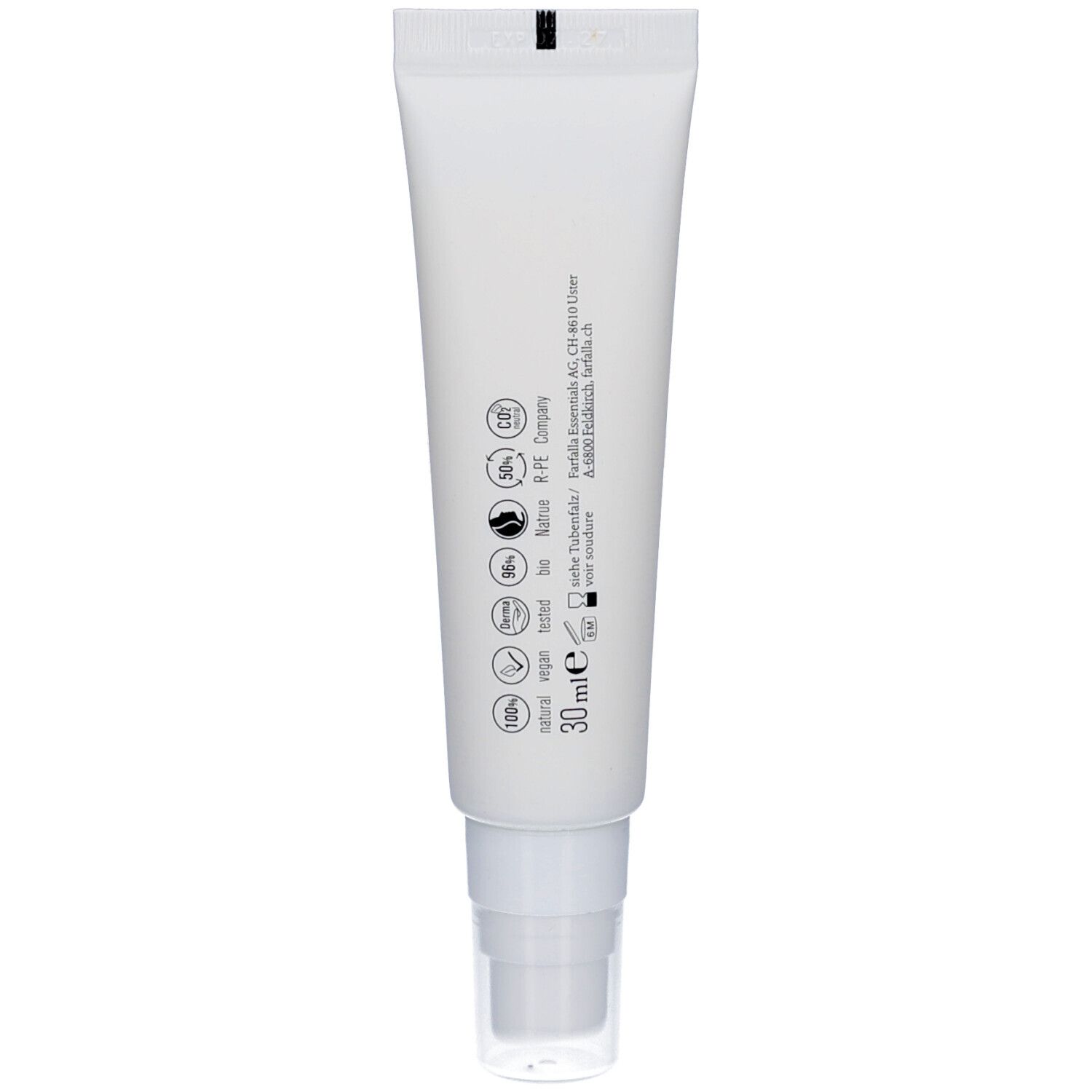 Dos du tube blanc. Informations sur les ingrédients et certifications.